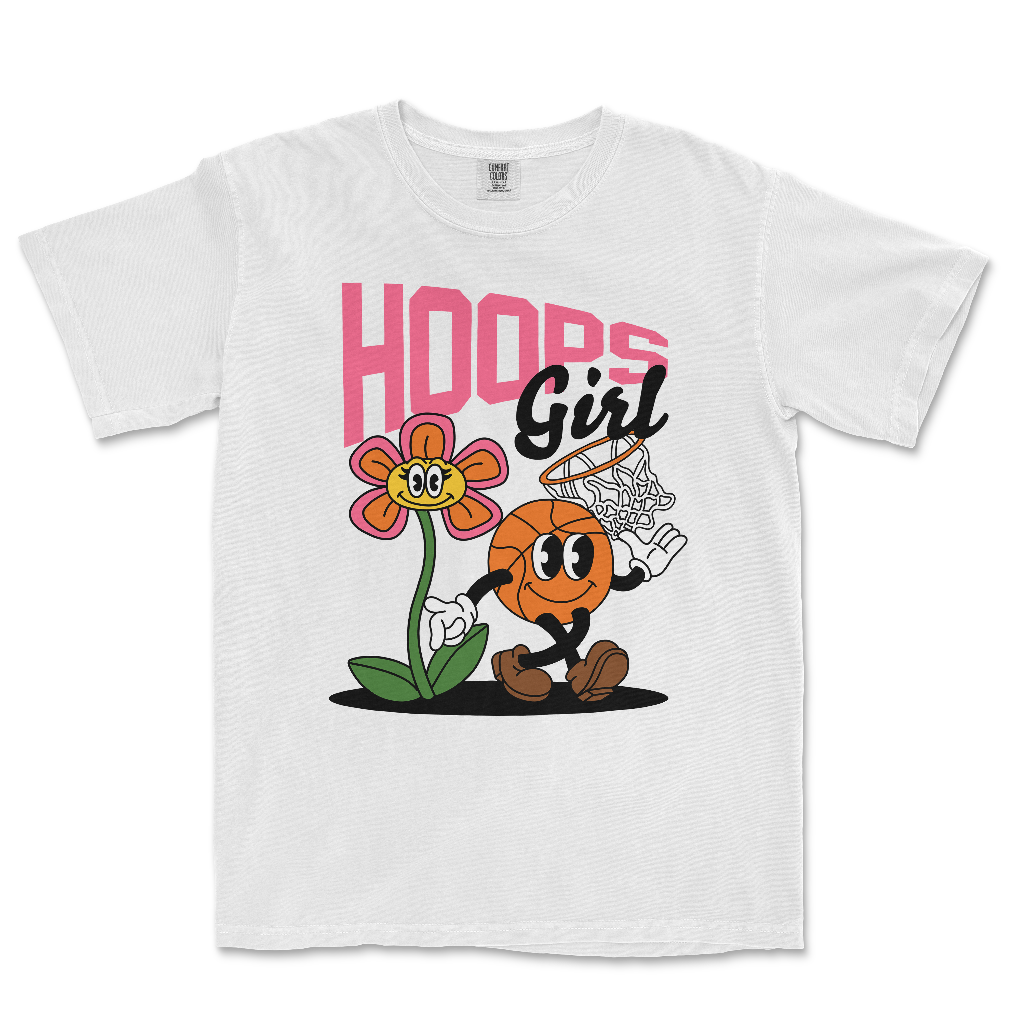 White Comfort Colors tee featuring a cartoon basketball girl playing basketball, with a flower and the text "Hoops Girl" in pink and black.