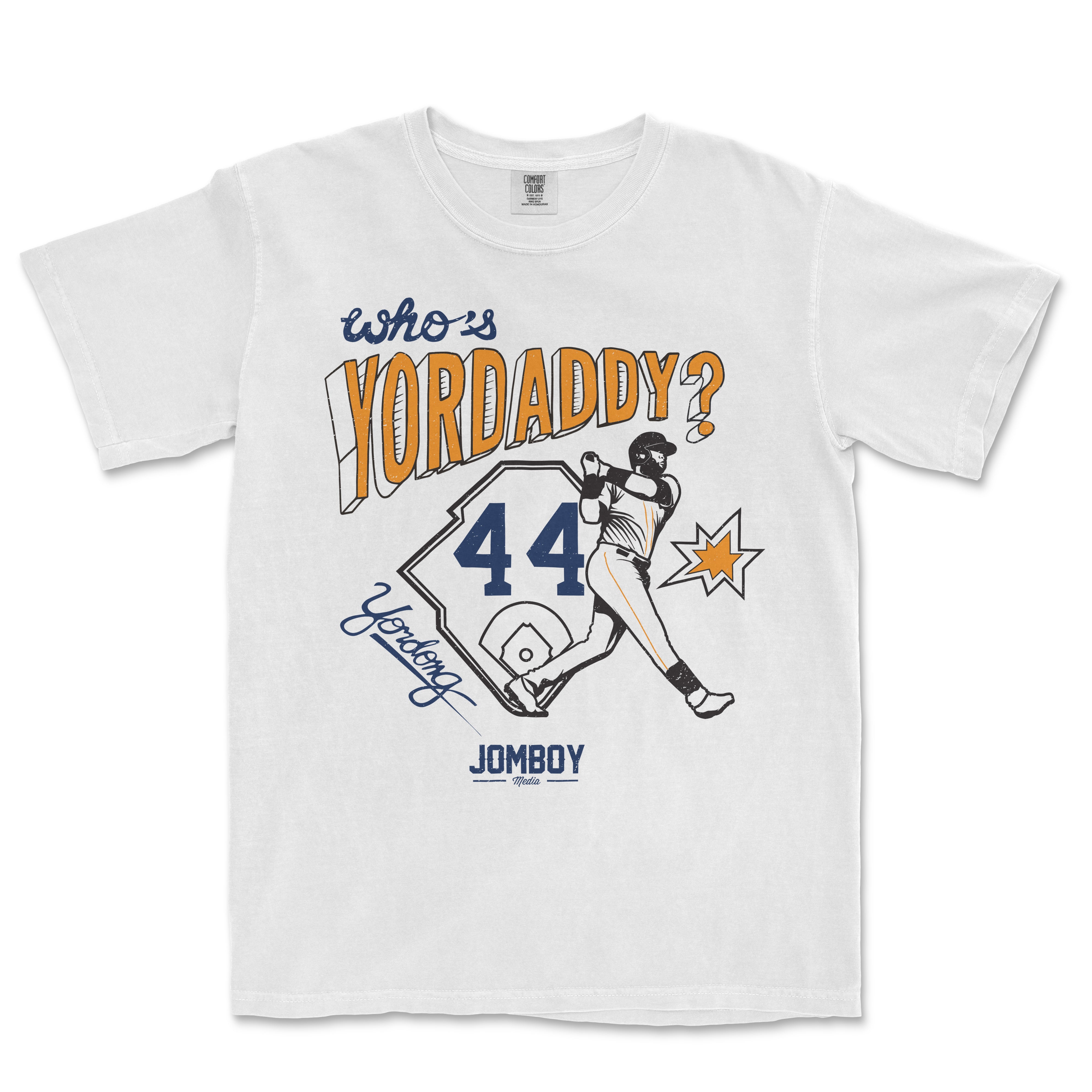 White T-shirt featuring a graphic design with a baseball player, the text "Who's Yordaddy?", the number 44, and stylized lettering.