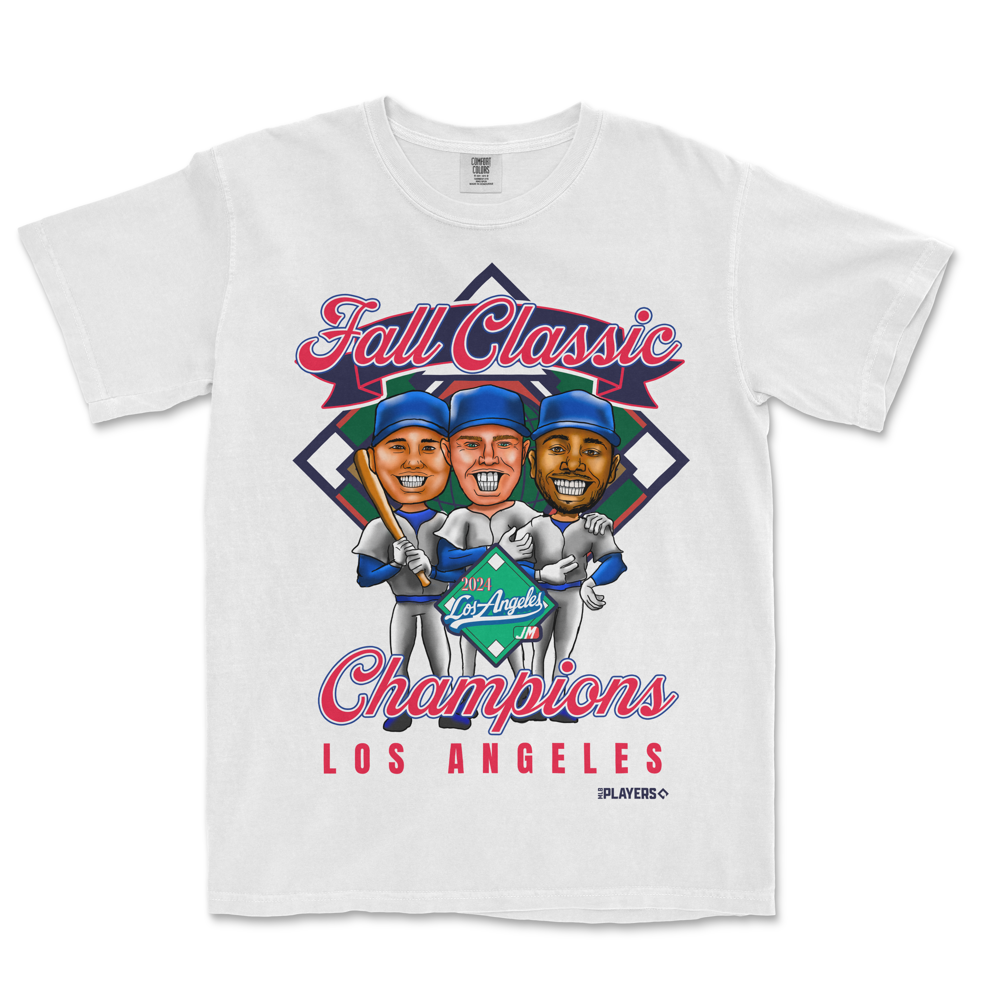 White T-shirt featuring cartoon caricatures of three baseball players, "Fall Classic Champions Los Angeles 2024" text, and colorful graphic design.