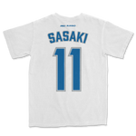 White sports jersey with "Sasaki" and number 11 printed in blue and gray, featuring logos of Jombo and Players at the top.