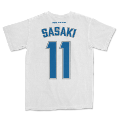 White sports jersey with "Sasaki" and number 11 printed in blue and gray, featuring logos of Jombo and Players at the top.