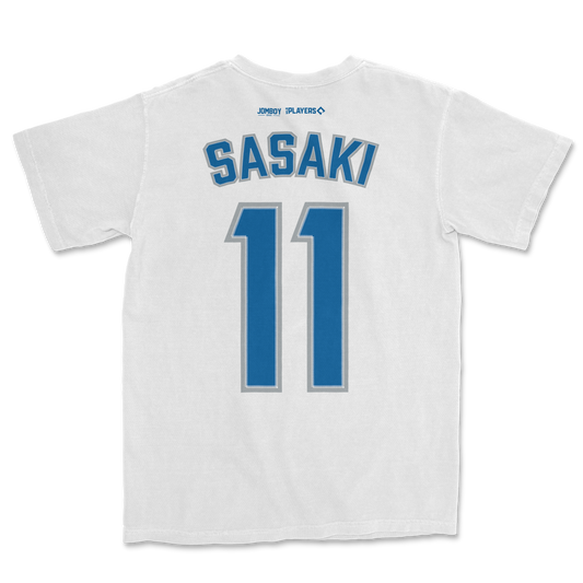 White sports jersey with "Sasaki" and number 11 printed in blue and gray, featuring logos of Jombo and Players at the top.