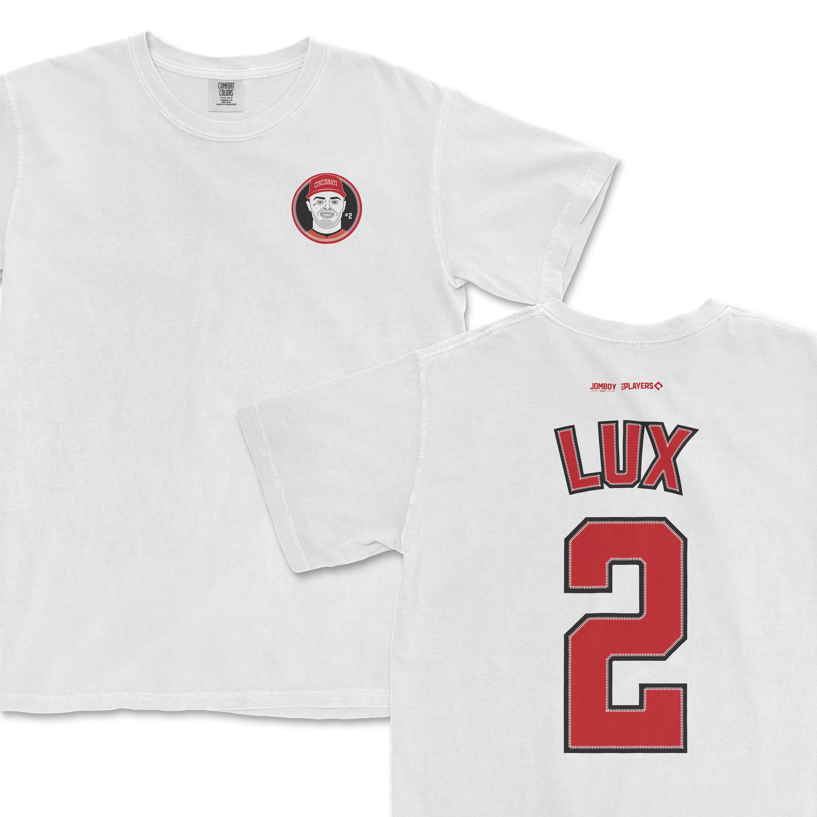 White Comfort Colors tee featuring Gavin Lux's name and number 2 on the back, with a small logo on the front chest.
