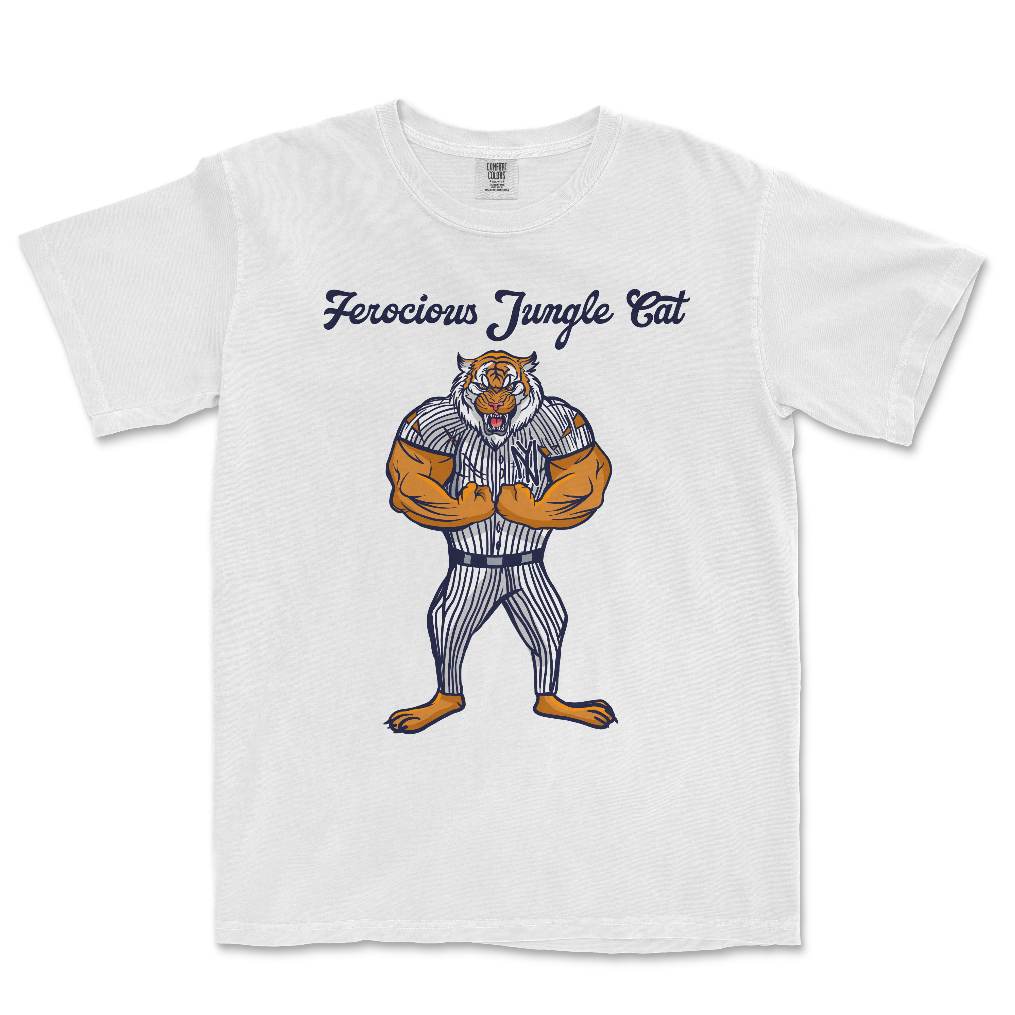 White Comfort Colors tee featuring a fierce jungle cat with muscular arms, striped pants, and the text "Ferocious Jungle Cat" above.
