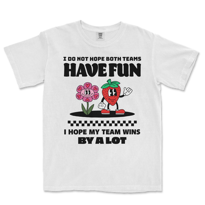 White Comfort Colors T-shirt with playful black text, a smiling flower and strawberry character, and checkered design.