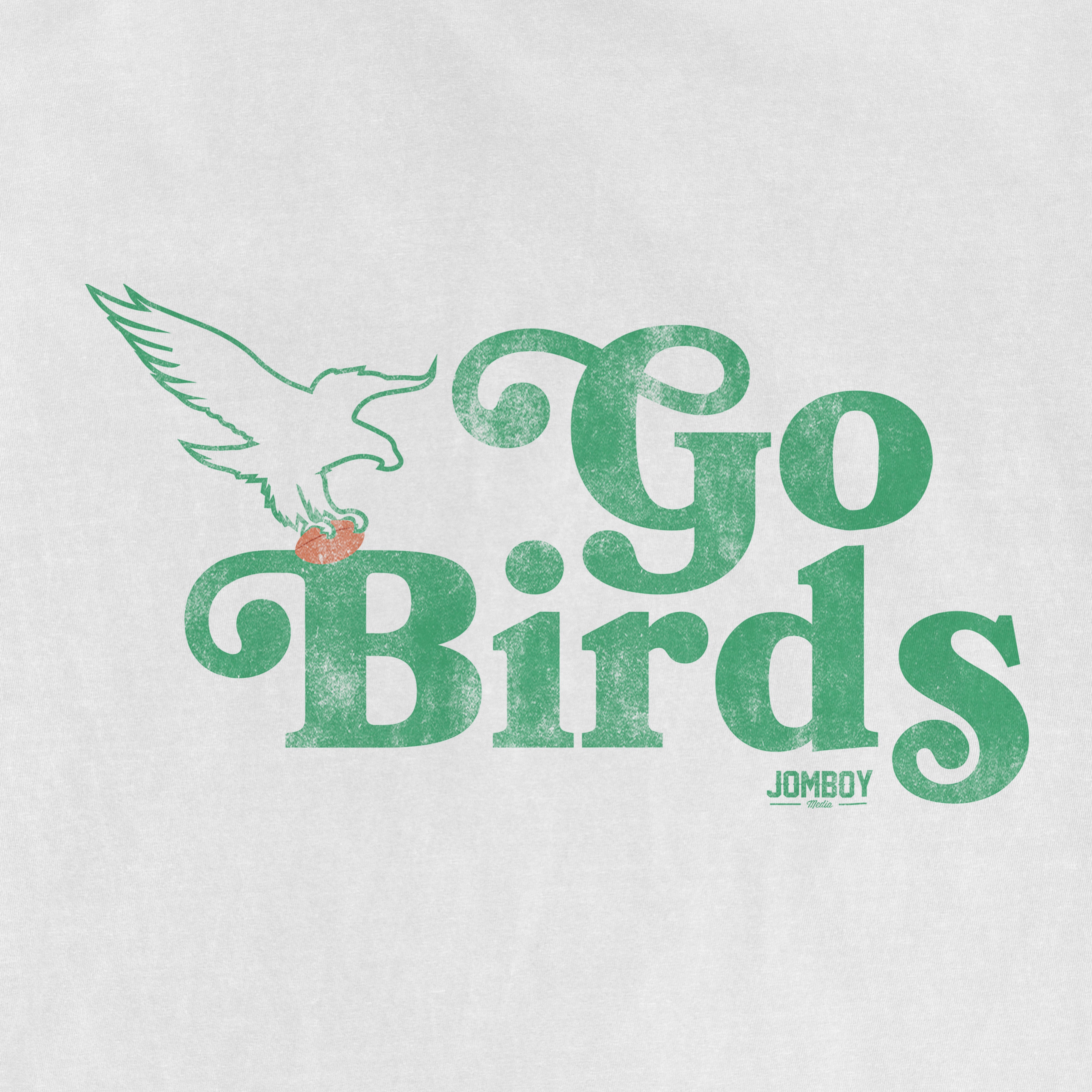 Vintage green "Go Birds" text with an outline of a bird holding a football, on a Comfort Colors® T-shirt.