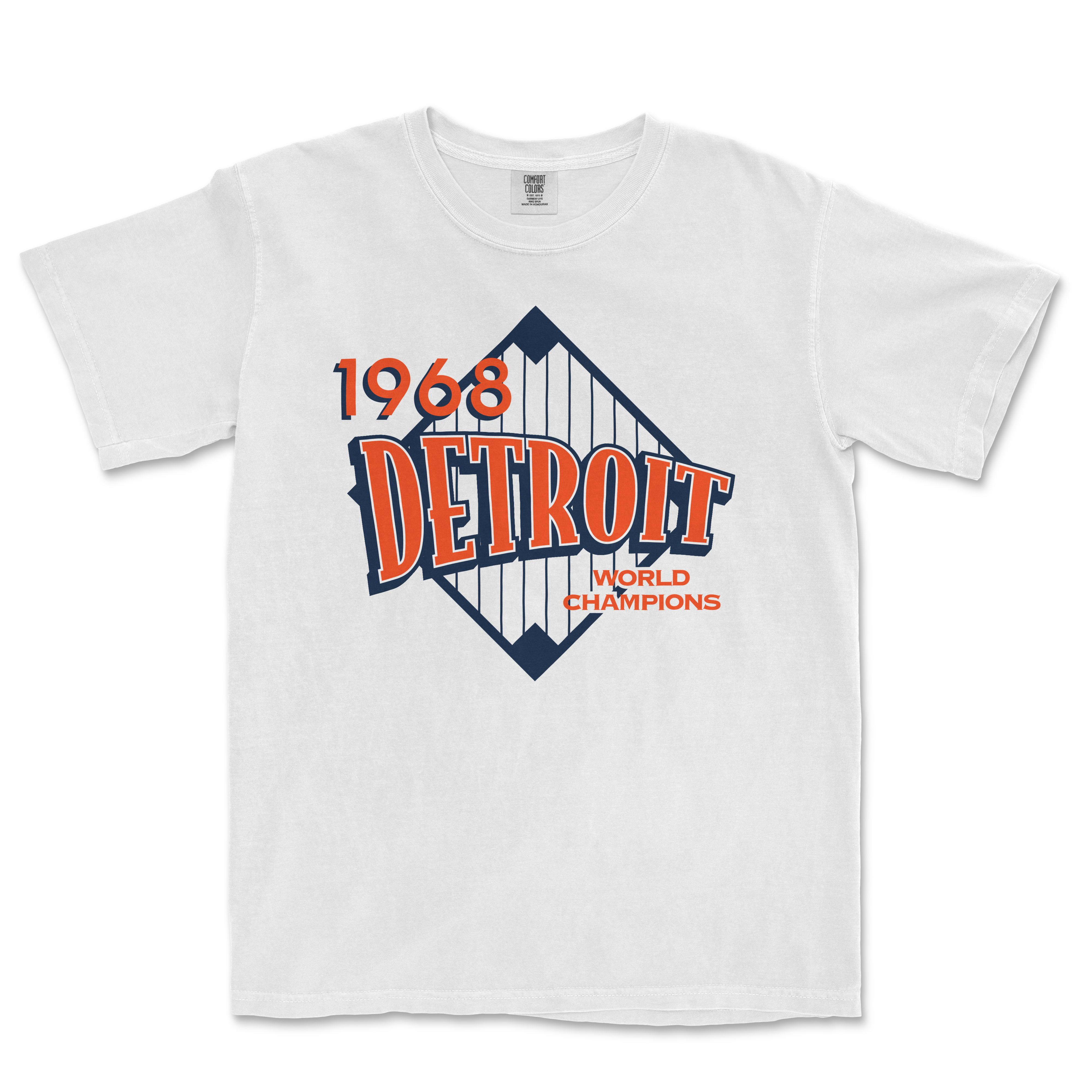White Comfort Colors tee featuring a vintage Detroit 1968 World Champions graphic with a stylized bridge design.