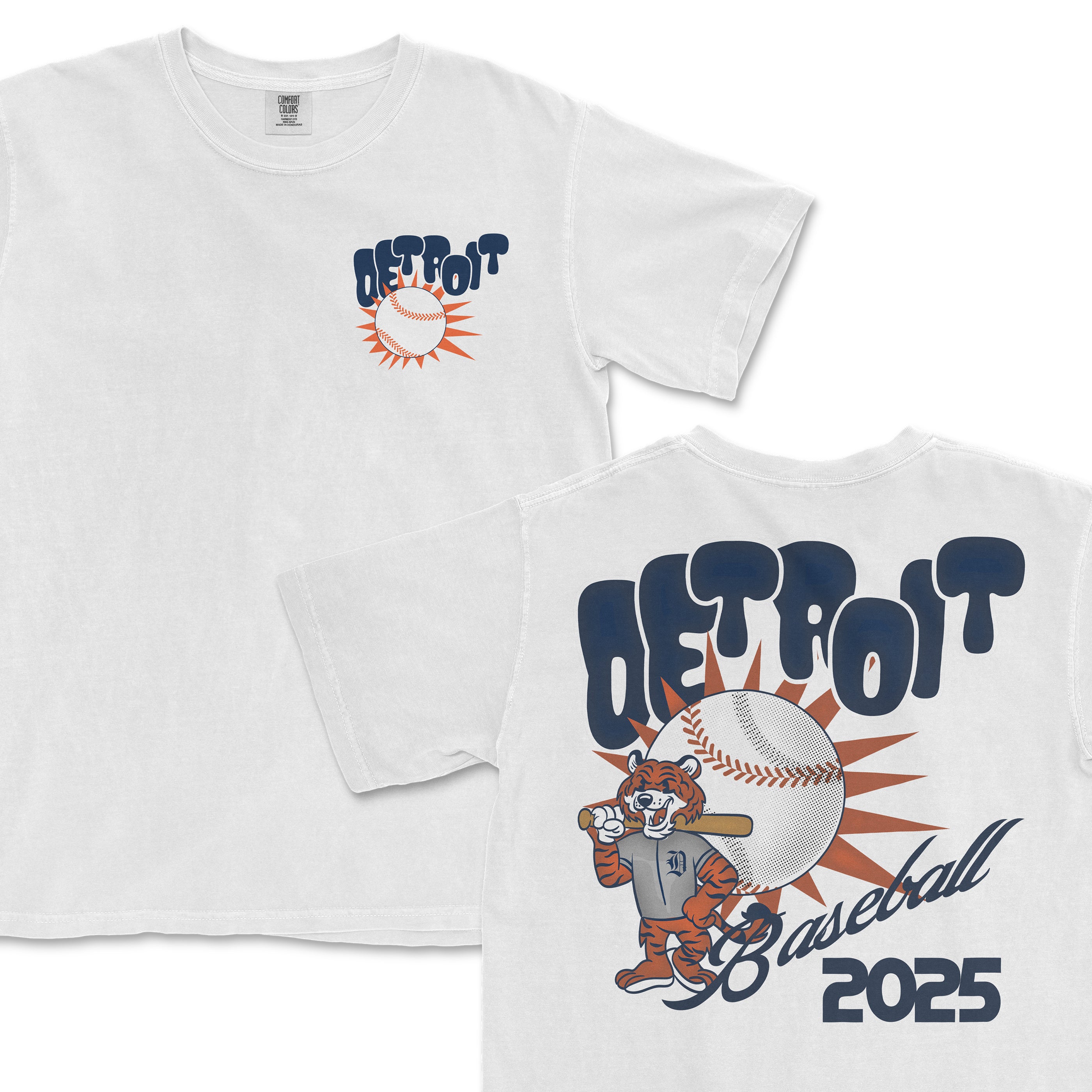 White Comfort Colors T-shirt featuring a Detroit baseball theme with a tiger mascot, baseball graphic, and "Detroit Baseball 2025" text.