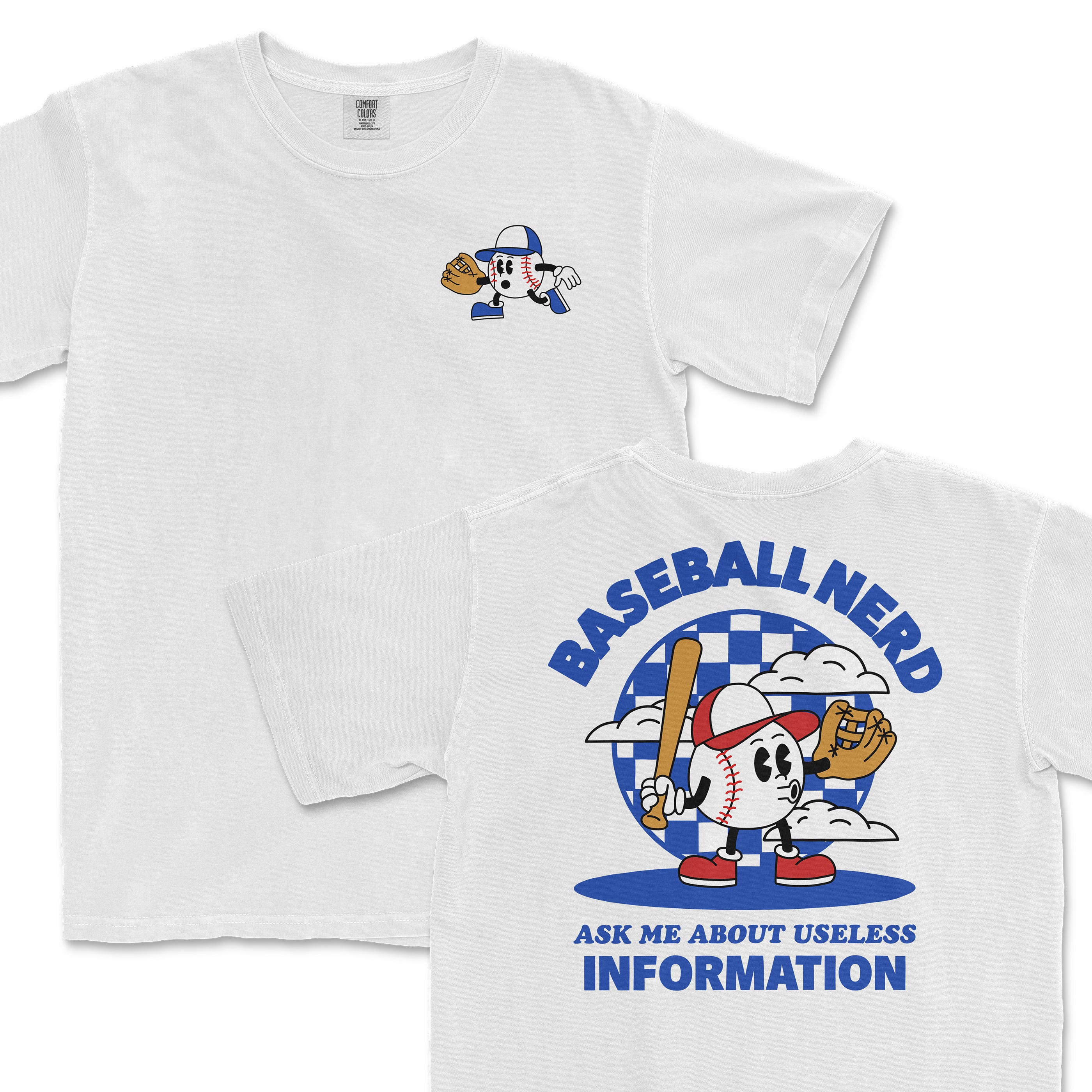 White Comfort Colors T-shirt featuring a cartoon baseball character with a glove and bat, and humorous "Useless Information" text on the back.