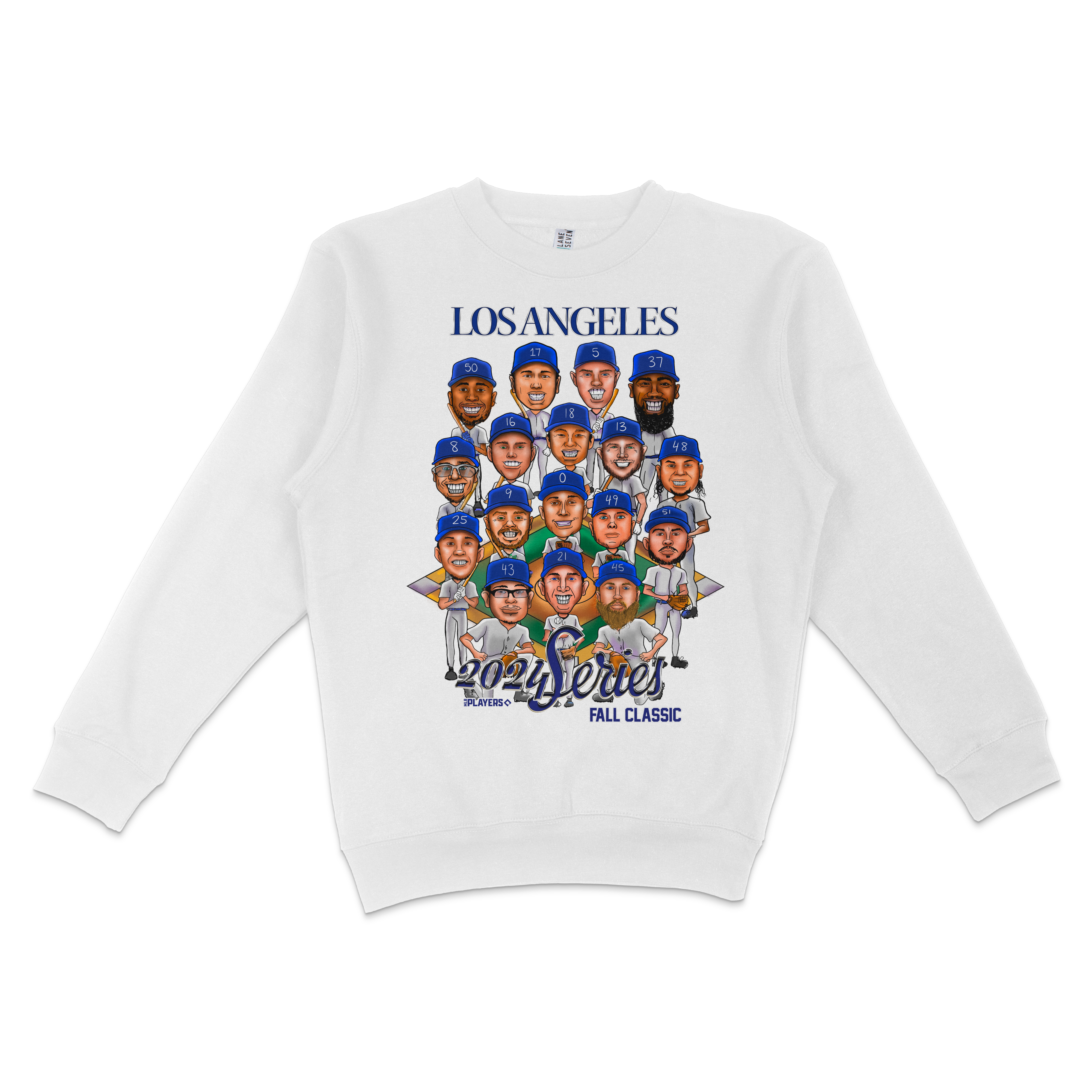 White crewneck sweatshirt featuring cartoon-style Los Angeles Dodgers players, "2024 Series" and "Fall Classic" text.
