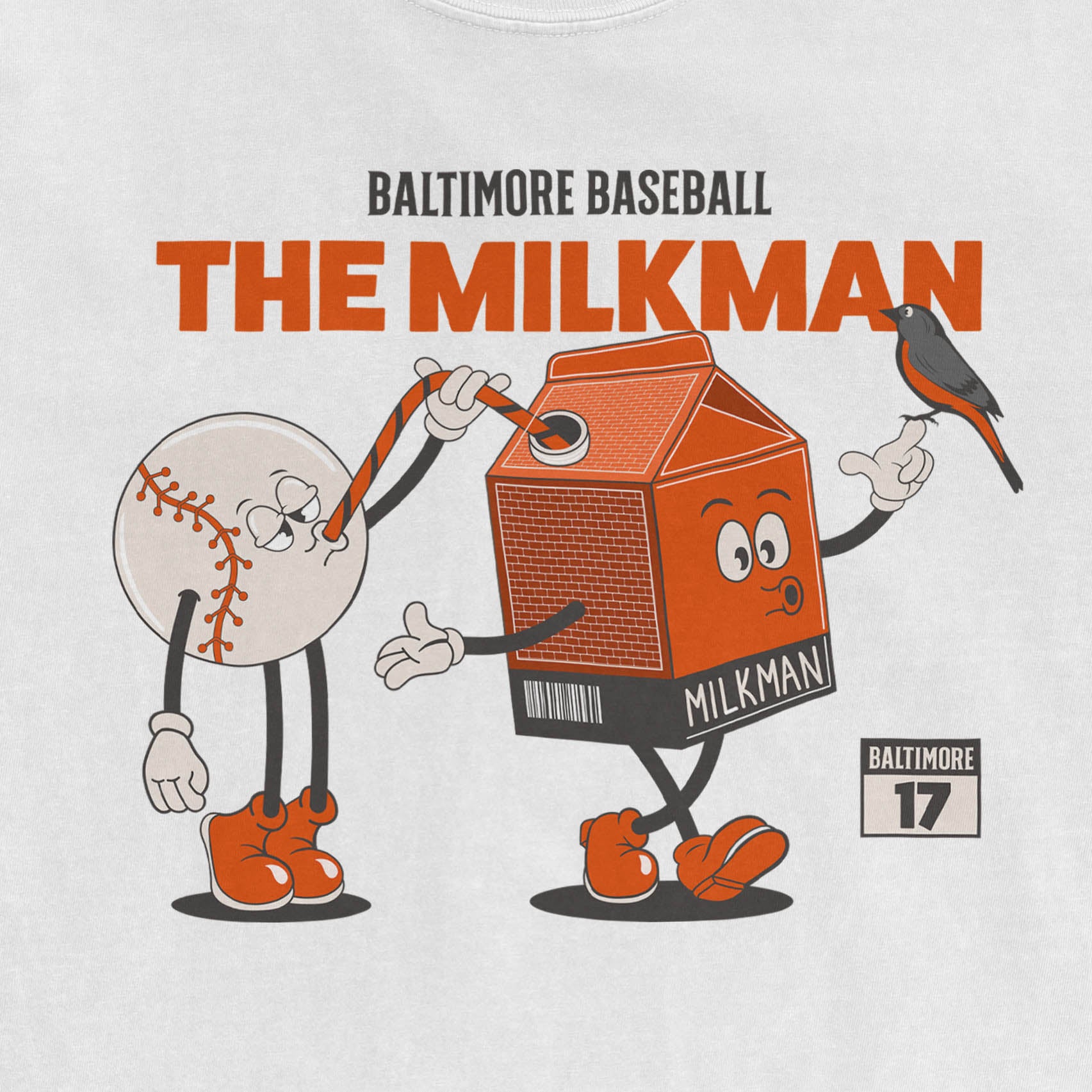 Cartoon baseball and milk carton characters dancing, with "The Milkman" and "Baltimore" text on a white background.