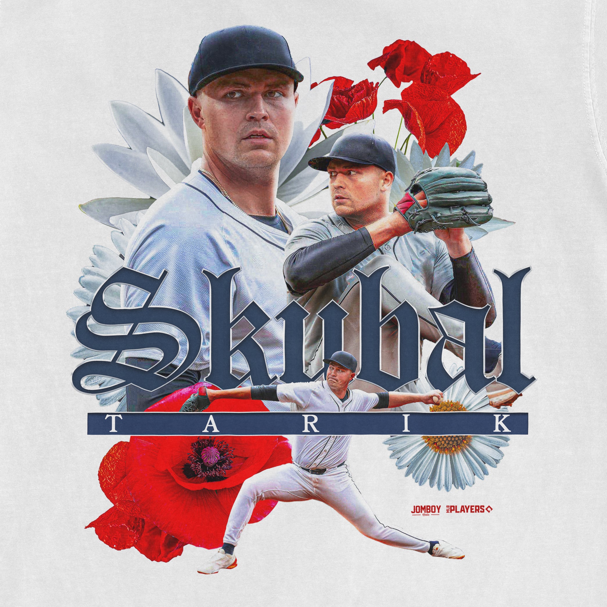 A collage featuring a baseball player in various poses, surrounded by flowers, with the text "Skubal" and "TARIK" in bold letters.