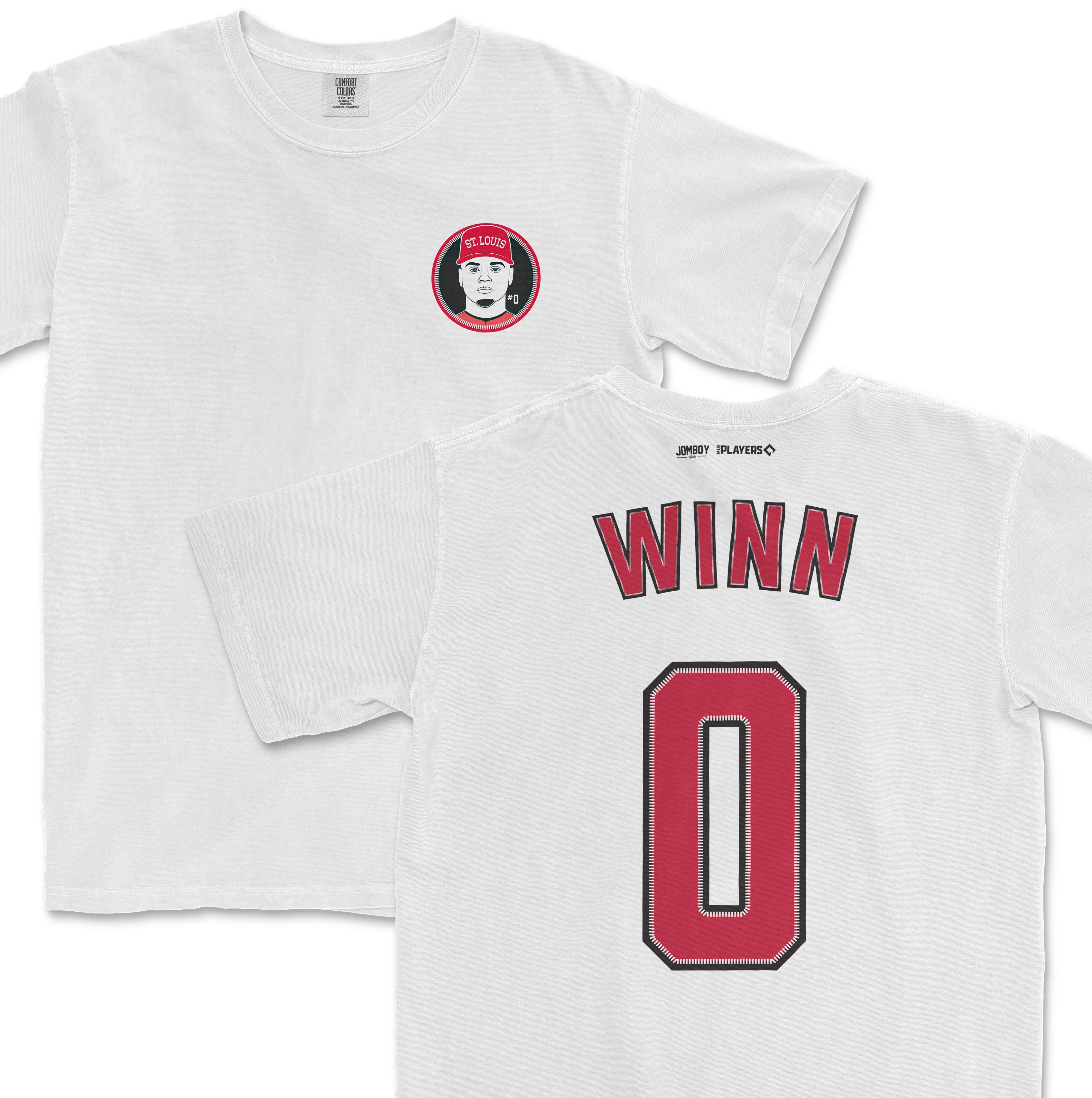 White Comfort Colors tee featuring a Masyn Winn St. Louis baseball shirsey design on the front and back with "WINN" and the number 0.