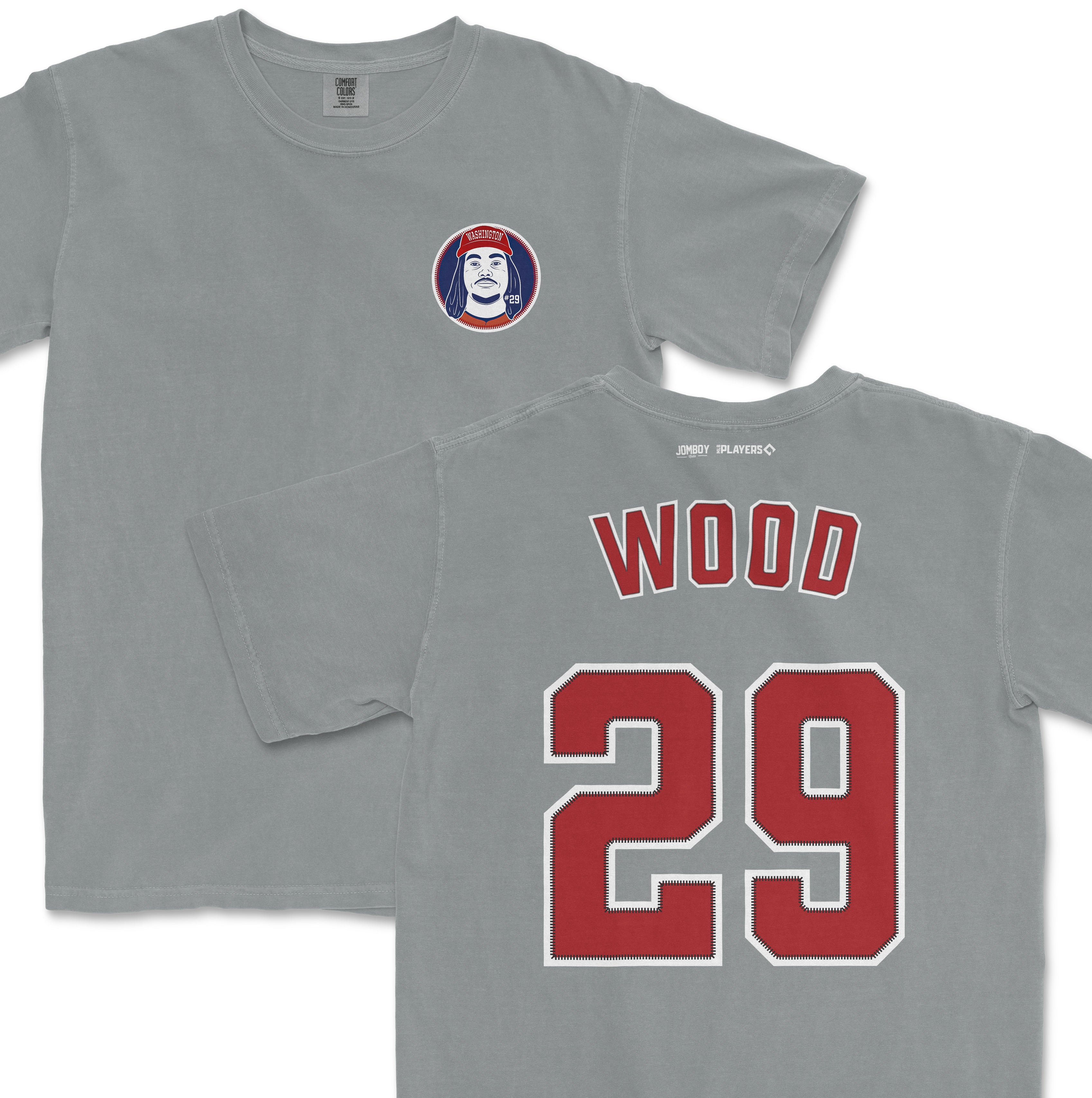 Gray Comfort Colors tee featuring a Washington football team logo on the front and "WOOD 29" in red and white lettering on the back.