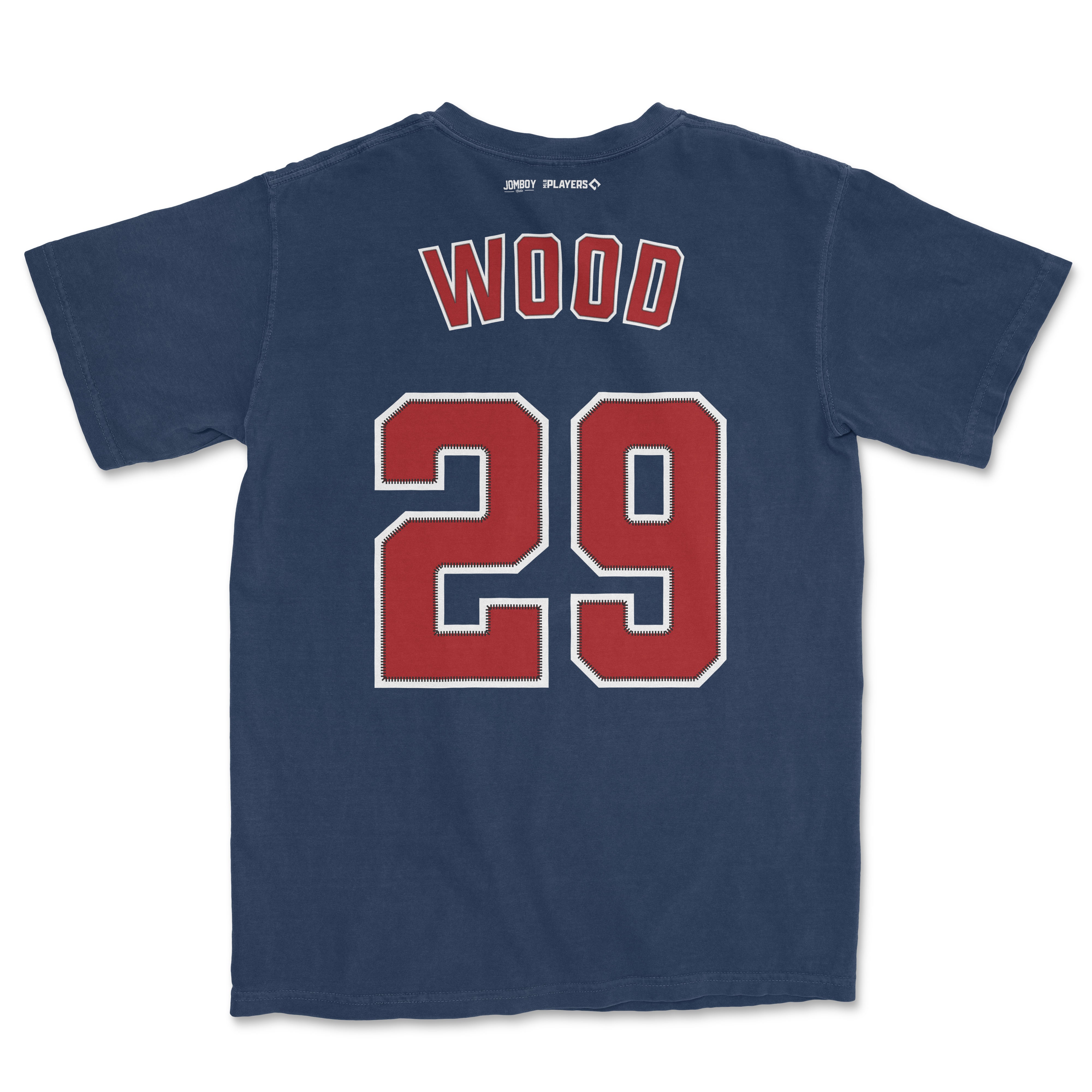 Back of navy Comfort Colors tee featuring "WOOD 29" in red and white varsity-style lettering, with small brand logos at the neckline.
