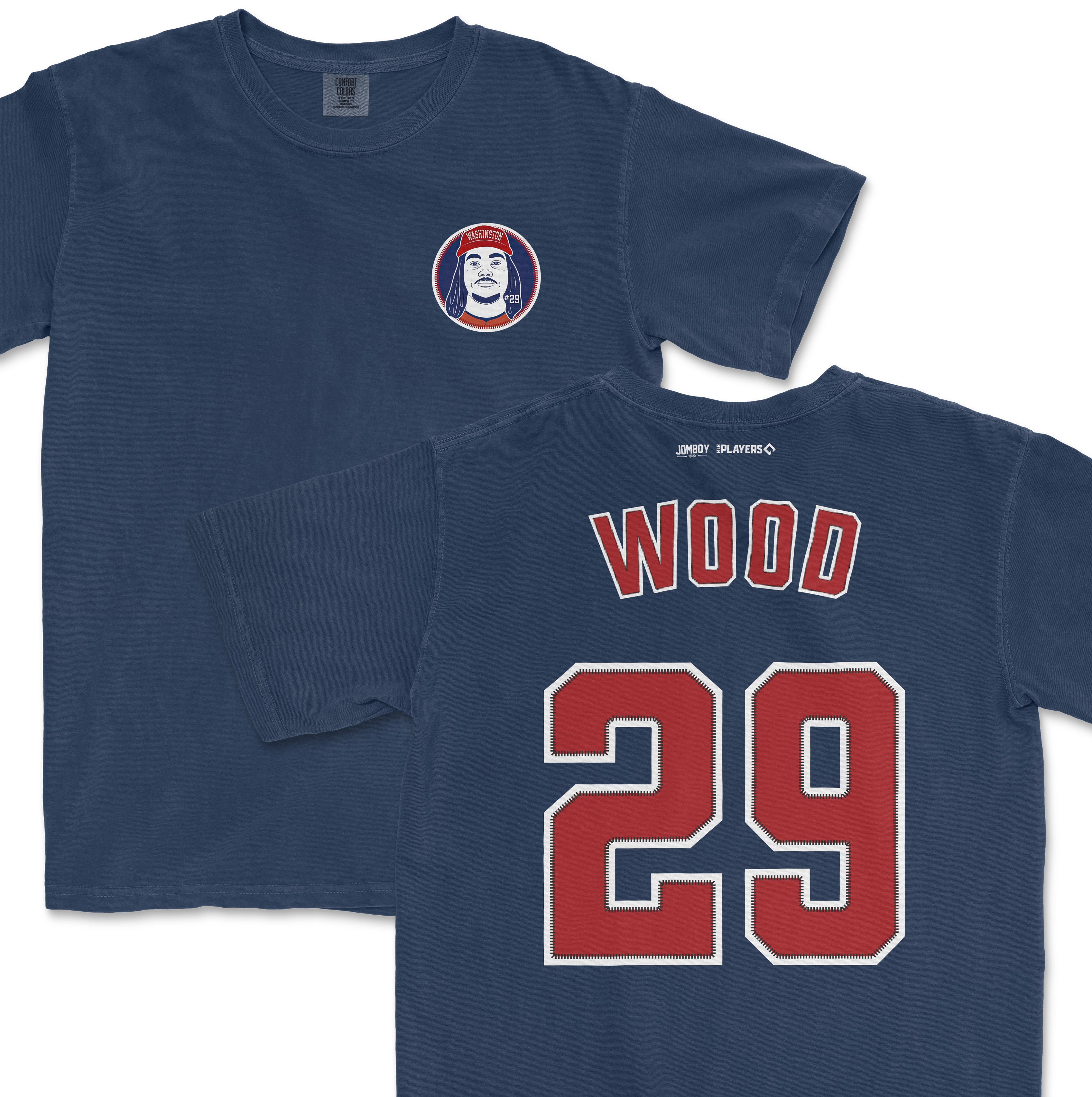 James Wood Washington baseball jersey-inspired Comfort Colors shirsey with team name, number 29, and a graphic of a player.