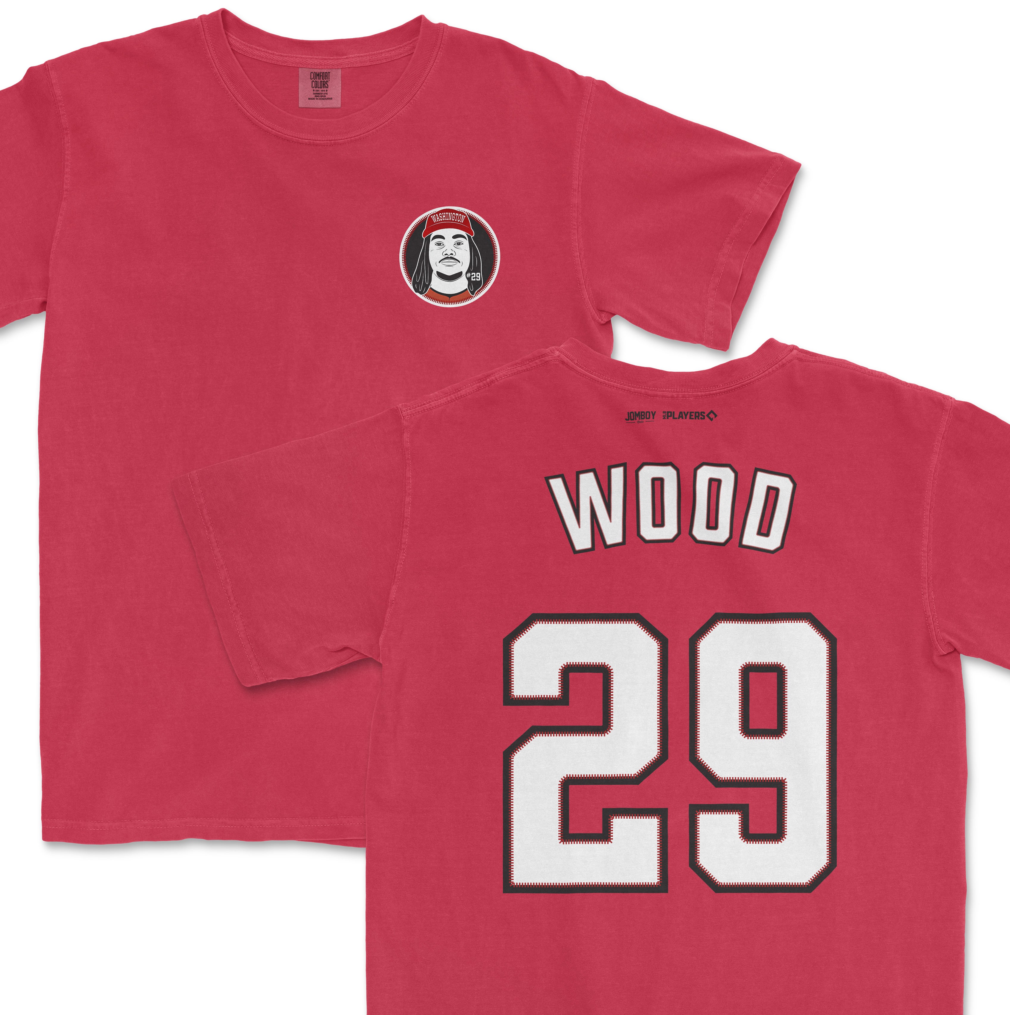 Red Comfort Colors tee featuring a graphic of a woman with dreadlocks and a Washington cap on the front, and "WOOD 29" sports jersey-style print on the back.