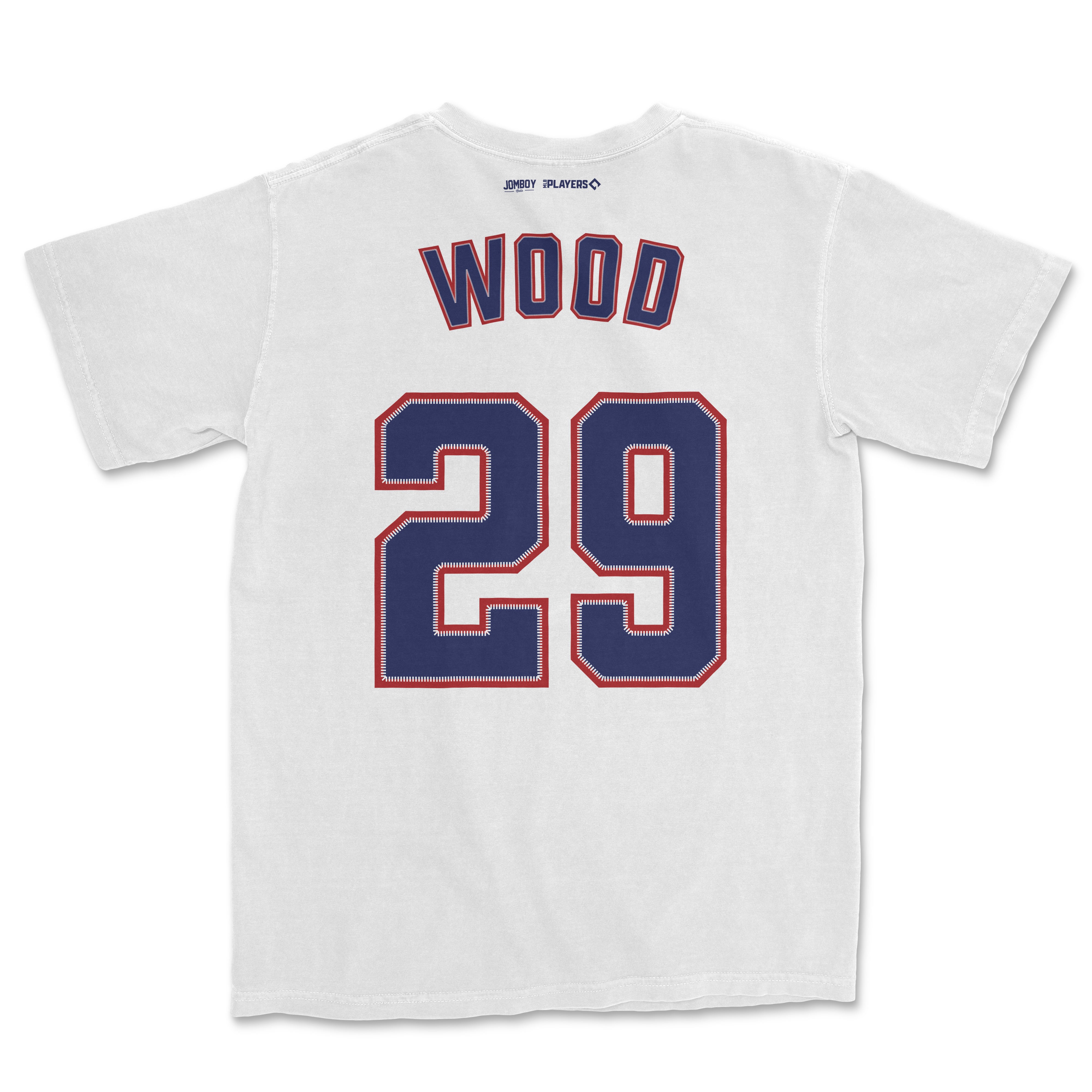 White Comfort Colors tee featuring "Wood 29" sports jersey-style print on the back, with "James Wood Shirsey" branding.