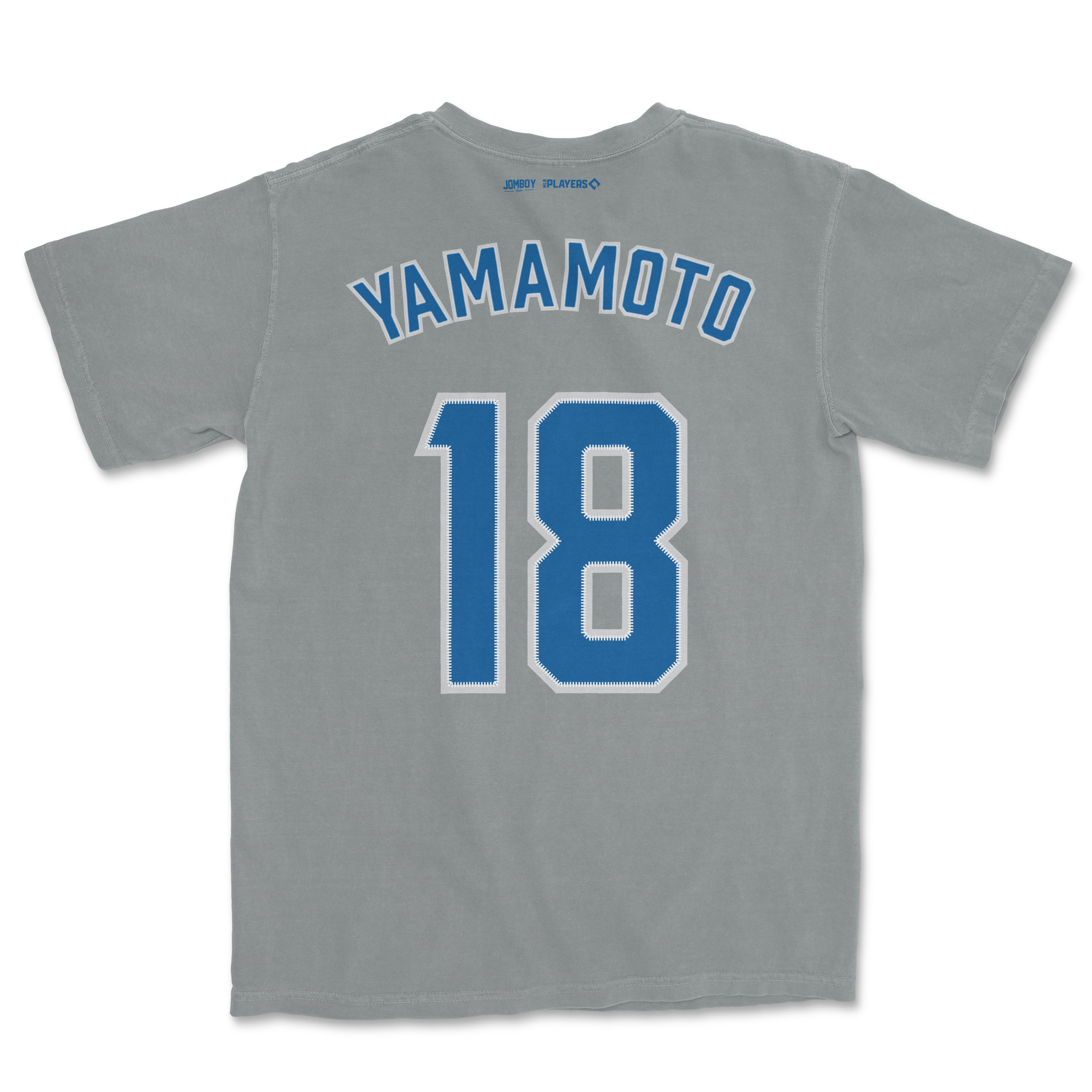 Gray Yoshinobu Yamamoto Shirsey with blue "YAMAMOTO" name, number 18, and small logos on the back.