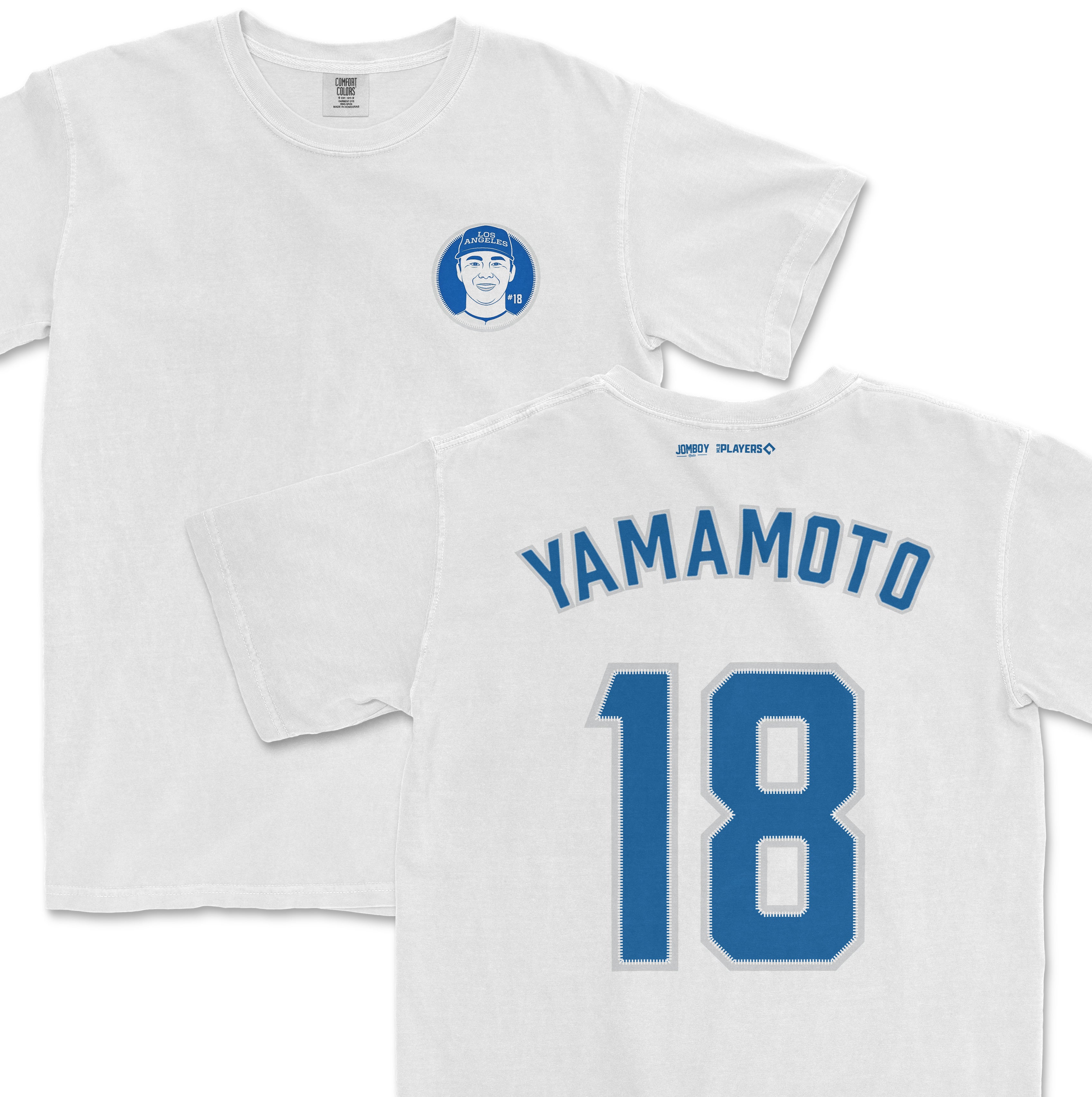 White Yoshinobu Yamamoto Shirsey with blue name "Yamamoto" and number "18" on the back, and a small graphic of Yamamoto on the front.
