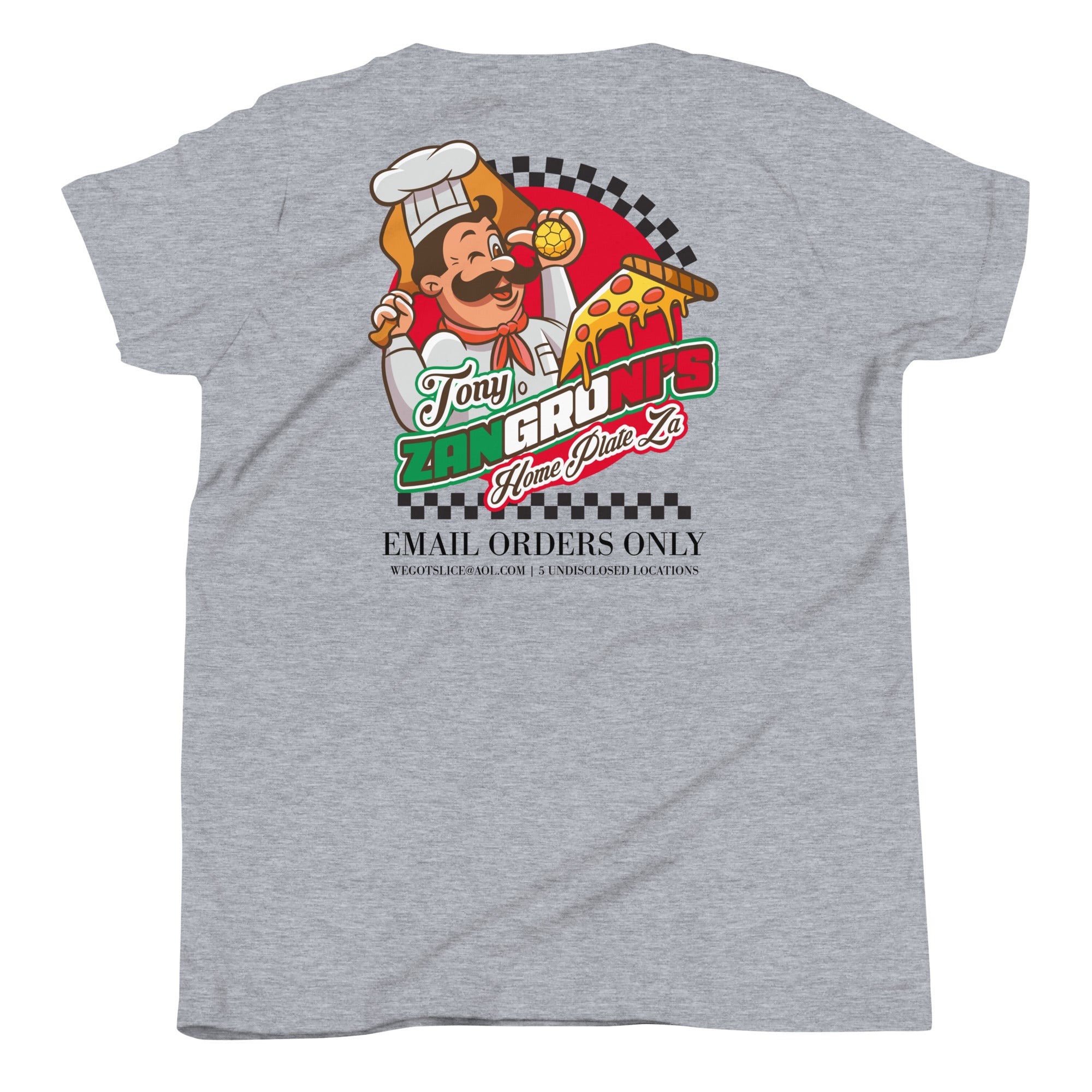 Gray youth T-shirt featuring a colorful cartoon chef holding pizza and a soccer ball, with "Tony Zangruni's Home Plate" text and email order info.