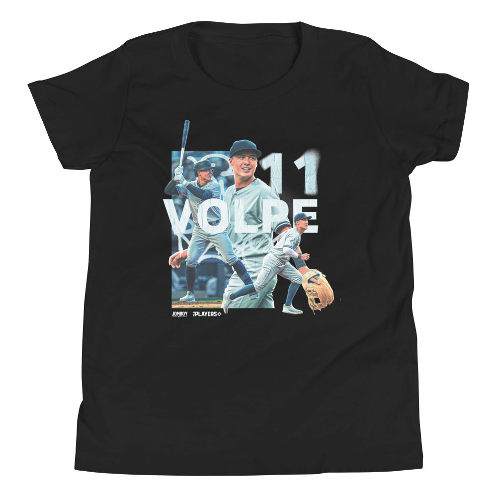 Youth T-shirt featuring Anthony Volpe with images of him batting, running, and playing baseball, with "11" and "WOLVES" text.