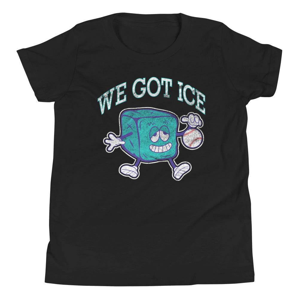 Black youth T-shirt featuring a cartoon ice cube mascot holding a baseball, with the text "We Got Ice" in a 90's style font.