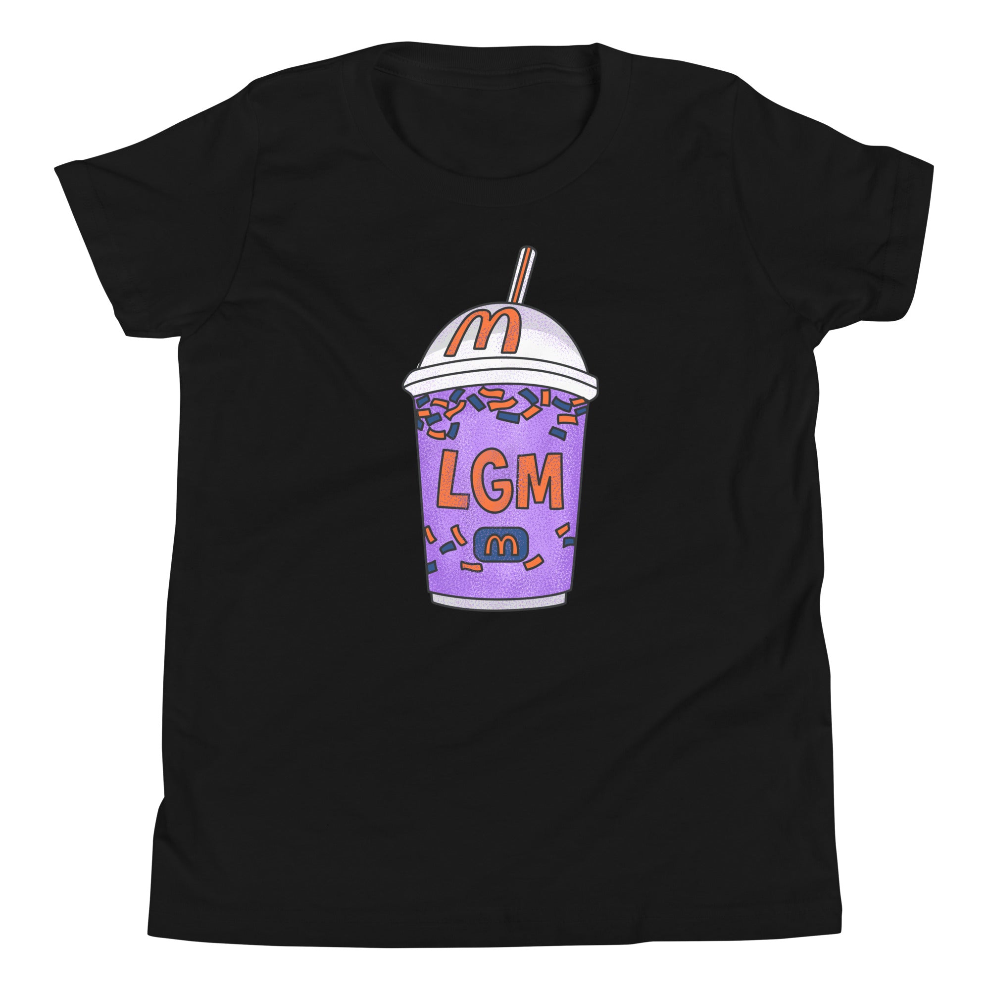 Black youth T-shirt featuring a colorful graphic of a milkshake cup with sprinkles, a straw, and "LGM" text in orange.