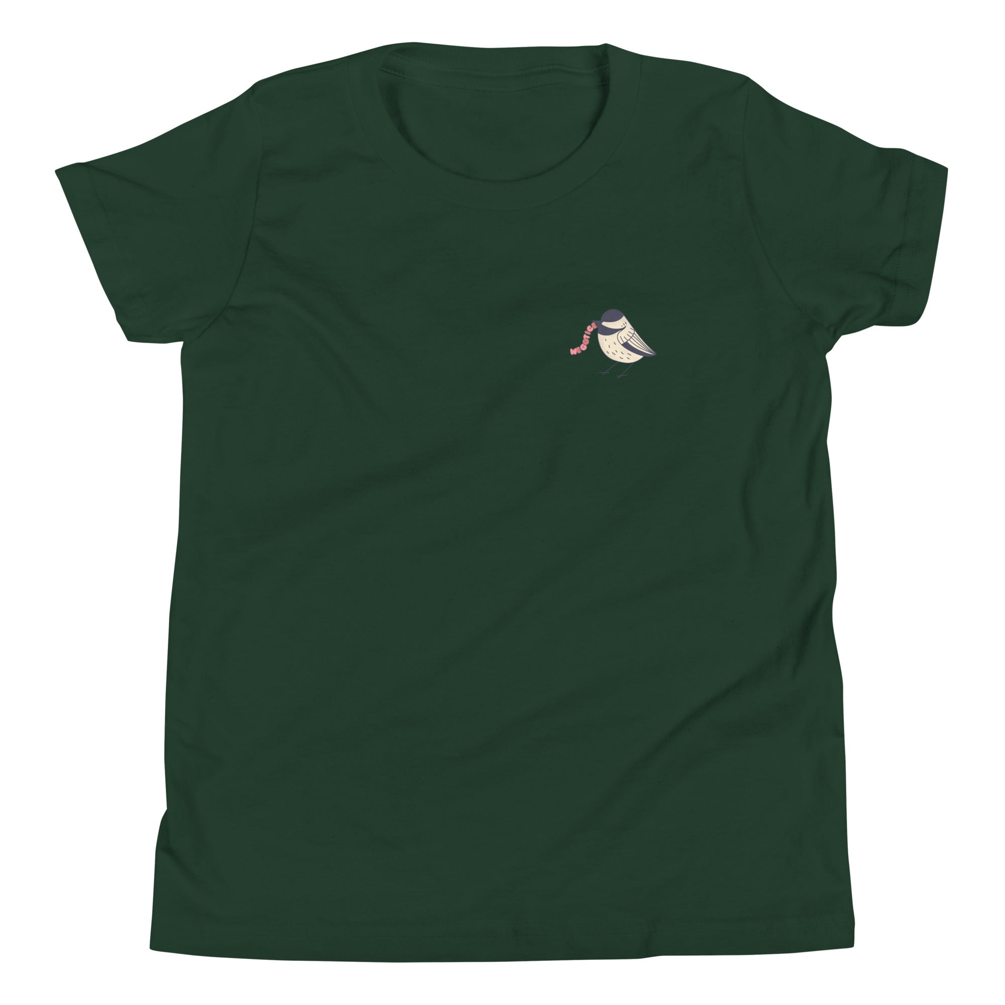 Green youth T-shirt featuring a small, stylized bird with the text "WORMS" and "ICE" on the front.