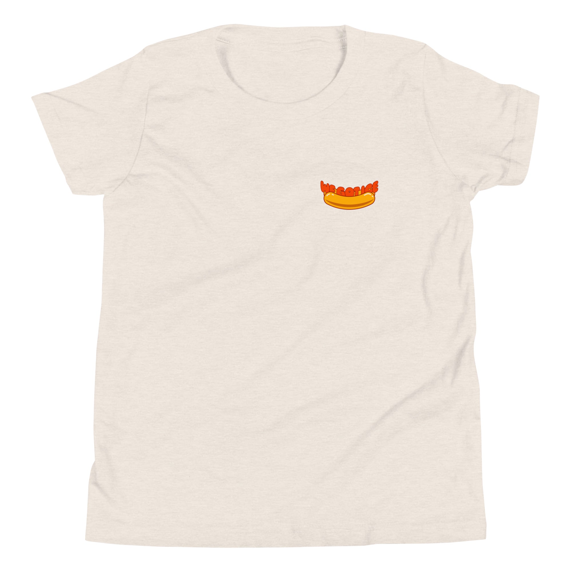 White youth t-shirt featuring a small graphic of a hot dog with the words "We Got Ice" above it on the chest.