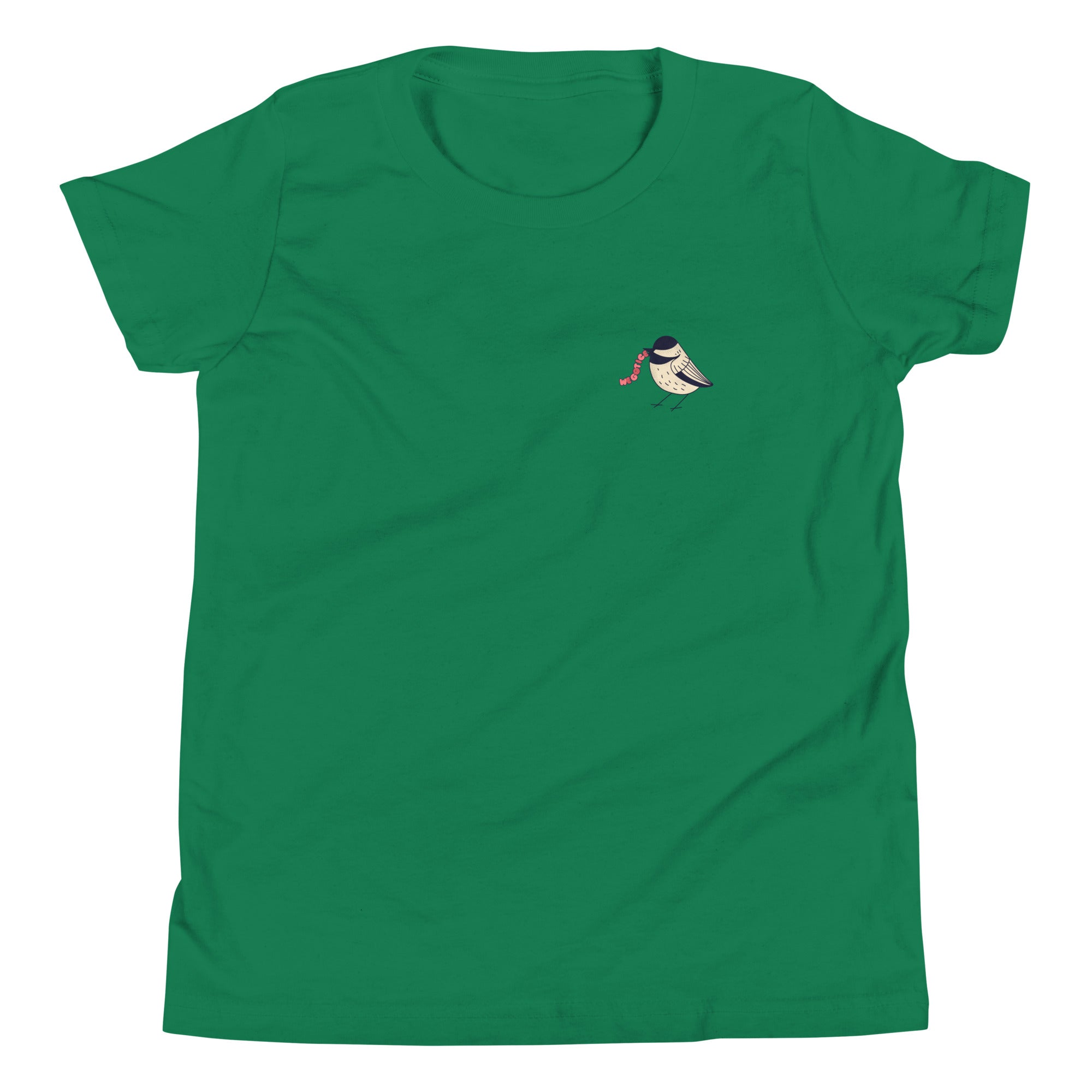 Green youth T-shirt featuring a small bird illustration with the text "WORMS" on its side.