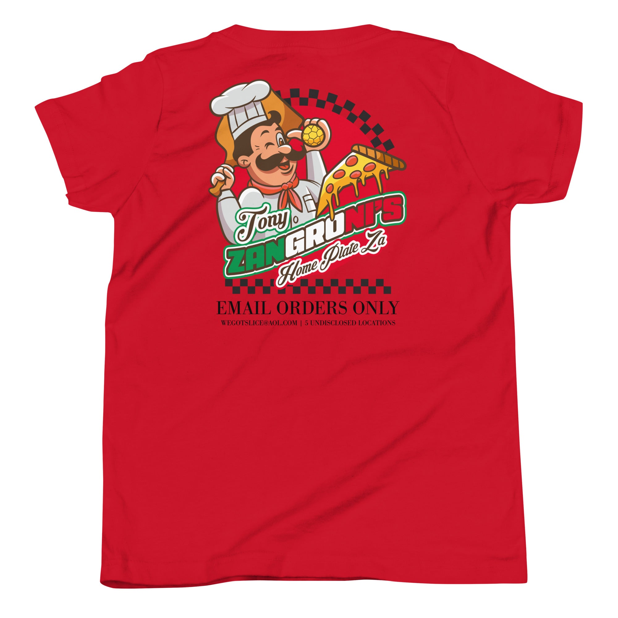 Red youth T-shirt featuring a cartoon chef holding a pizza slice and a golf ball, with "Tony Zangruni's Home Plate" text and ordering details.