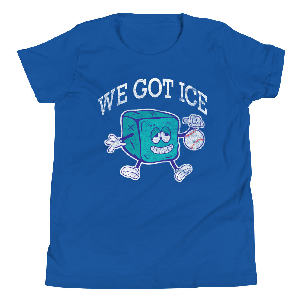 Blue youth T-shirt featuring a cartoon ice cube mascot holding a baseball, with the text "WE GOT ICE" in a playful, 90s-inspired style.