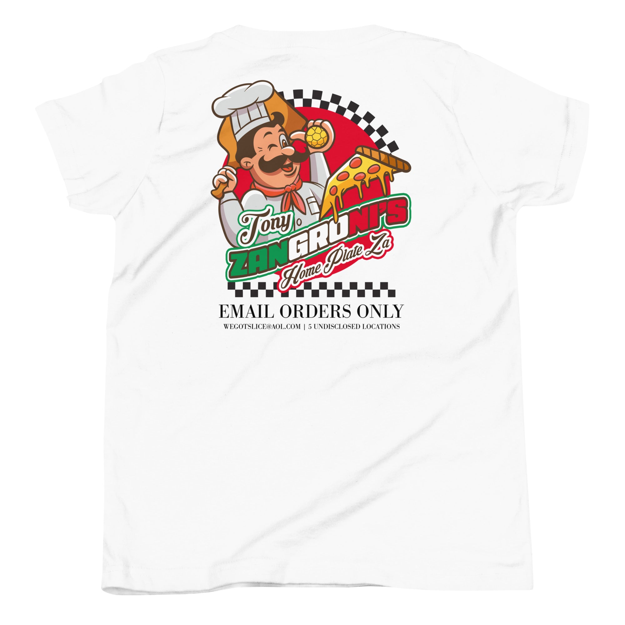 White youth T-shirt featuring a colorful graphic of a chef holding pizza and a pizza slice, with text promoting Tony's pizza and email orders.