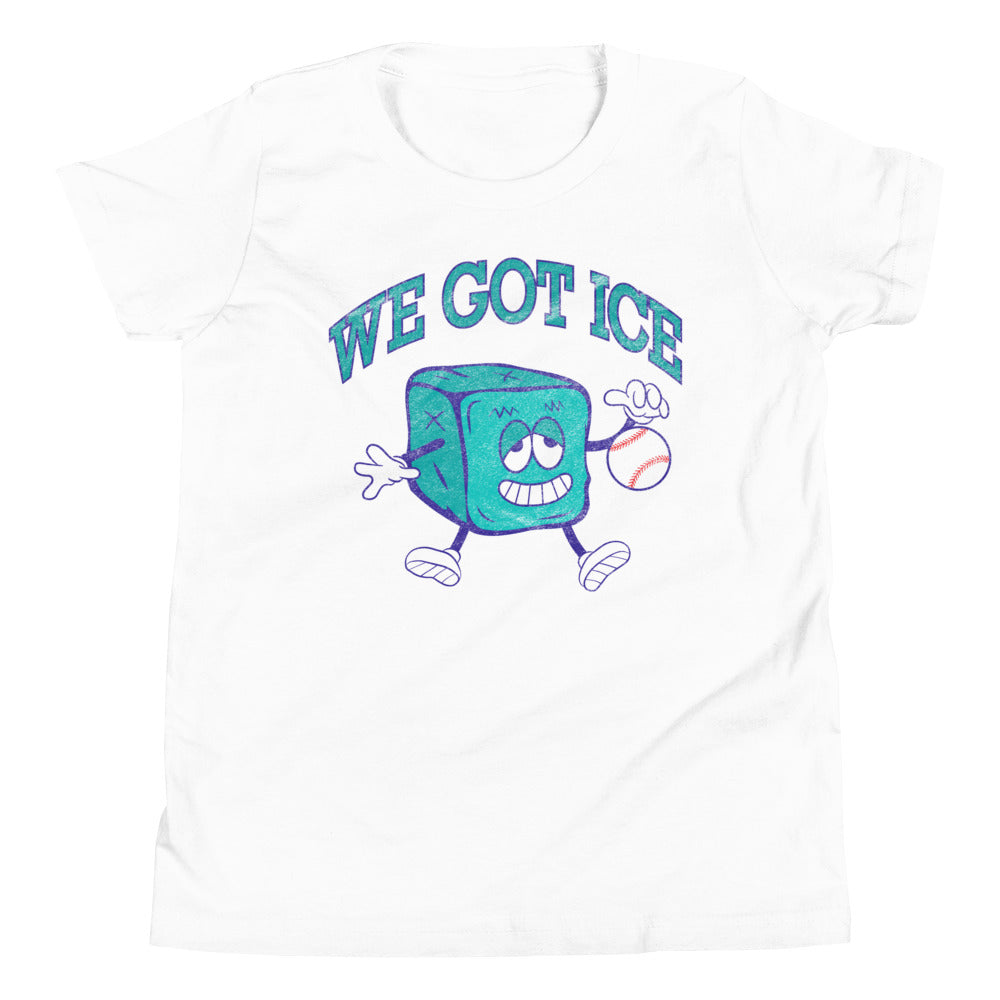 White youth T-shirt featuring a 90's mascot design of a cartoon ice cube holding a baseball, with the text "We Got Ice" above.