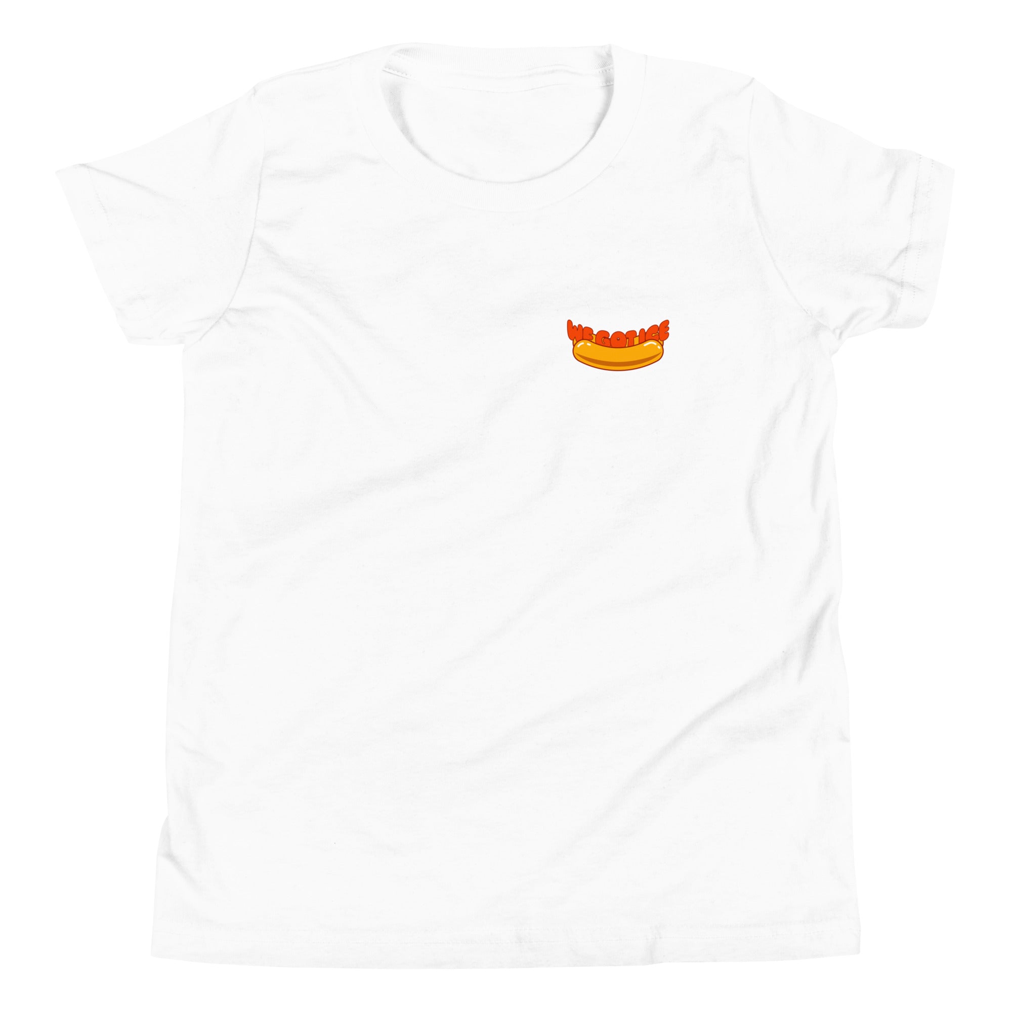 White youth t-shirt featuring a small graphic of a hot dog with the text "We Got Ice" above it on the chest.