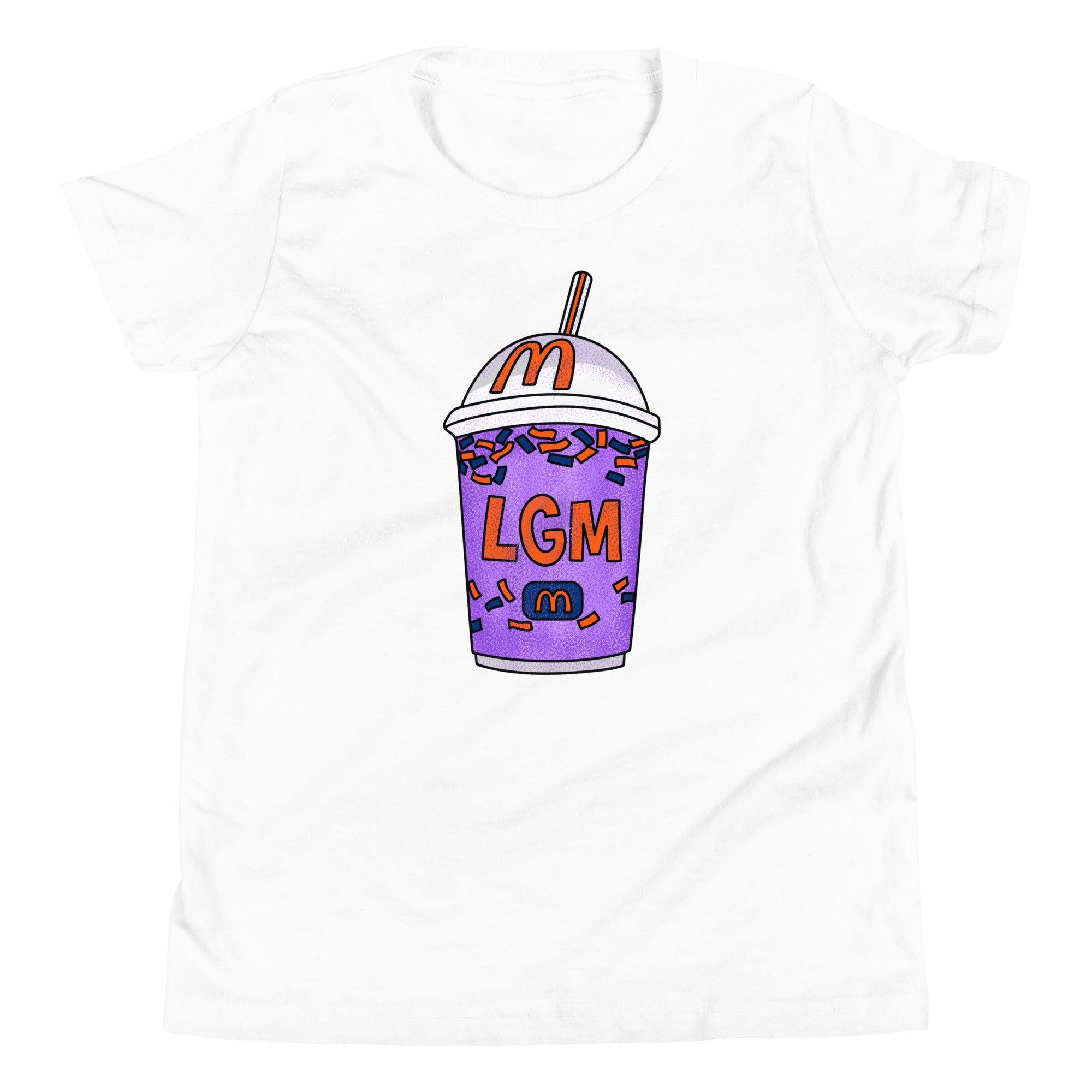 White youth T-shirt featuring a colorful, cartoon-style milkshake with sprinkles, a straw, and "LGM" text on the cup.