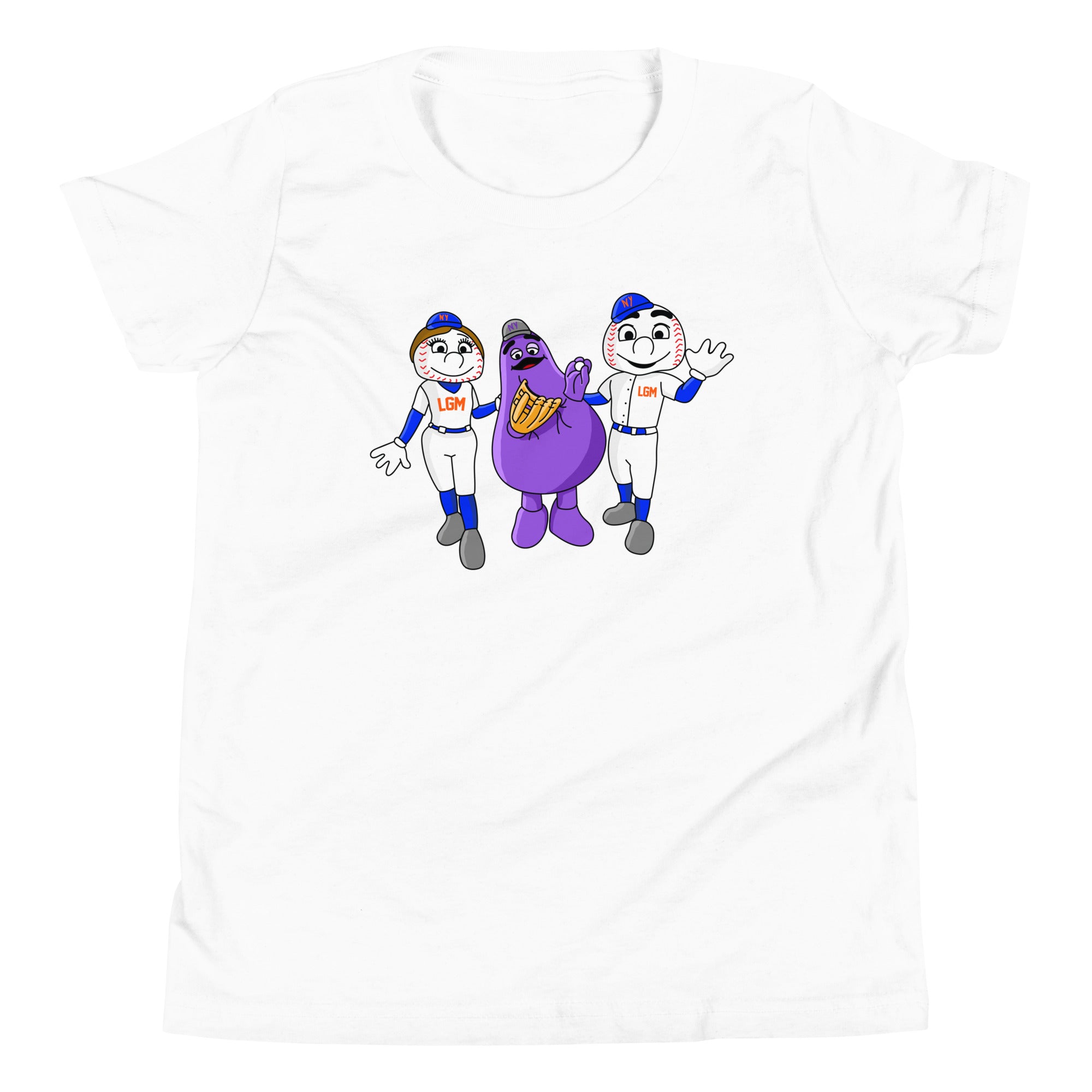 White youth T-shirt featuring cartoon characters of two baseball players and a purple mascot with "NYM AND FRIENDS" theme.