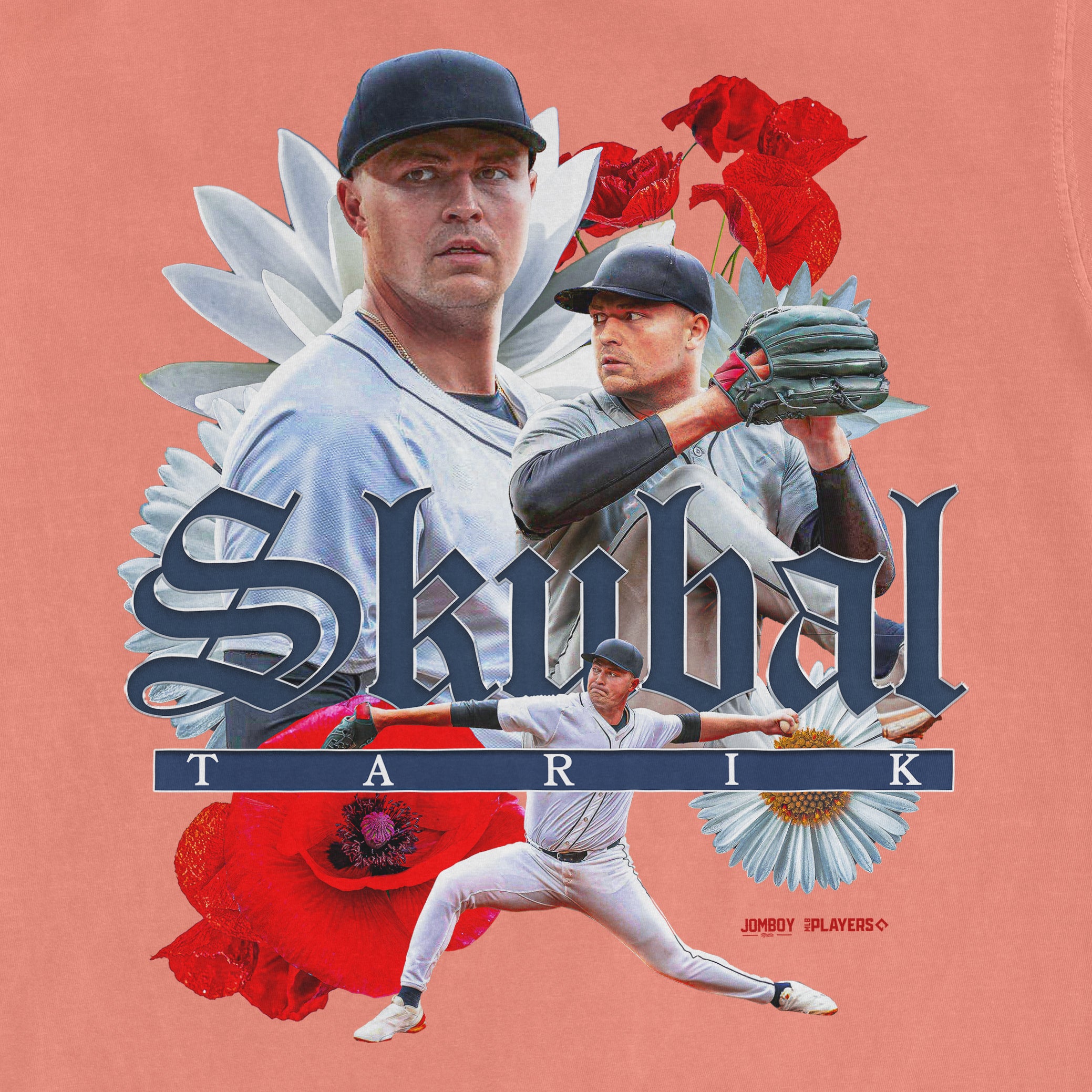 Collage featuring a baseball player in various poses, surrounded by flowers and the text "Skubal" and "TARIK" on a pink background.