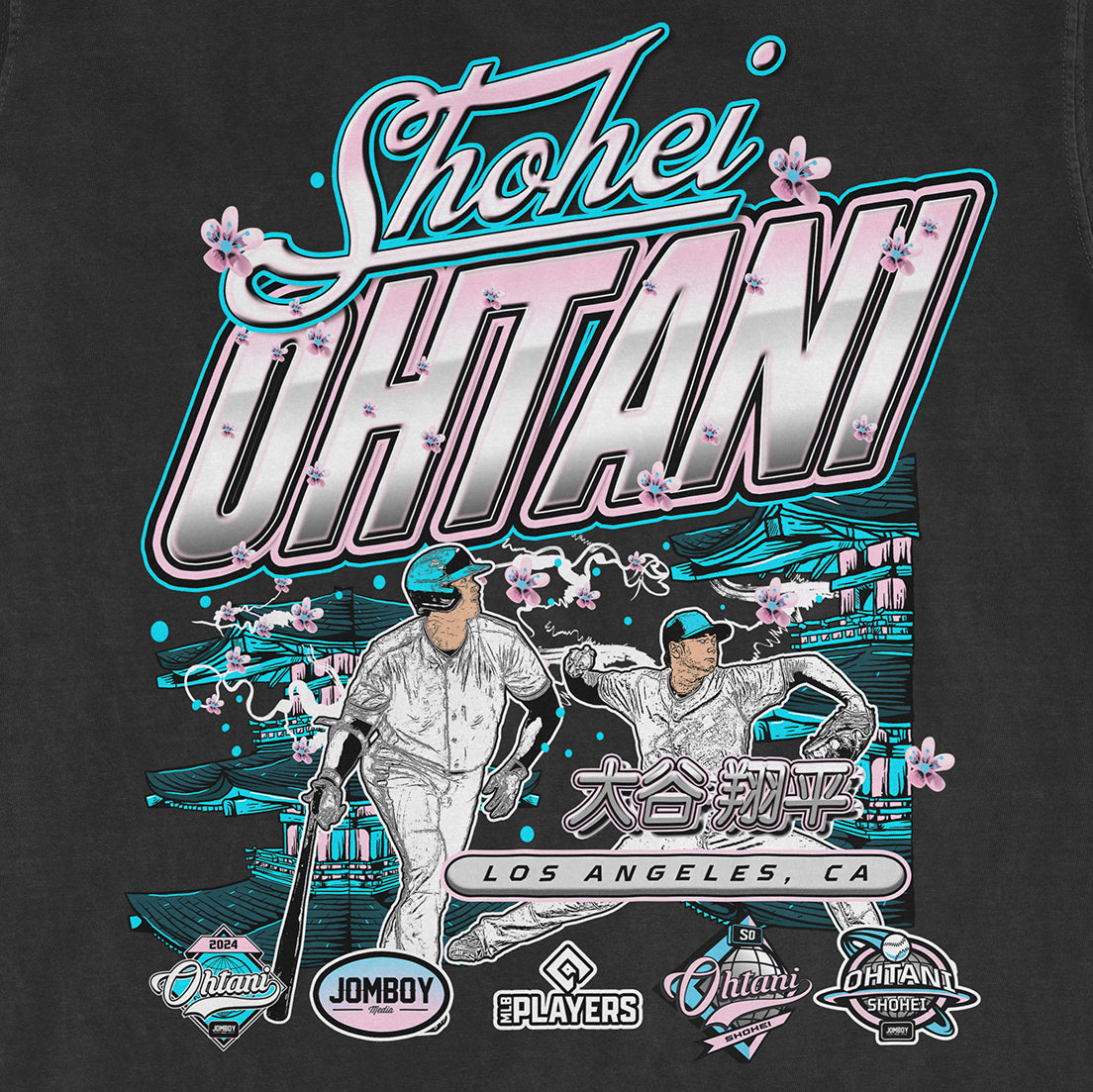 Colorful graphic design featuring Shohei Ohtani with cherry blossoms, Los Angeles background, and stylized text on a dark fabric.