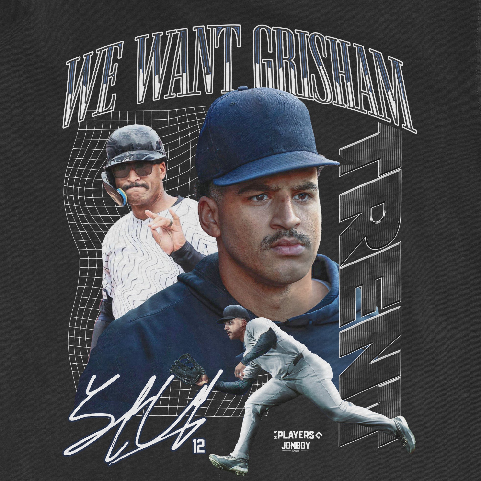 Close-up of a black T-shirt featuring a collage of baseball players, with "We Want Grisham" text and dynamic graphic elements.