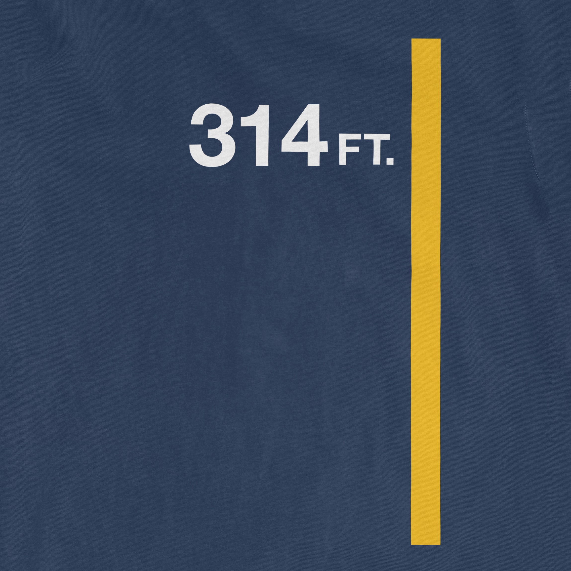 Close-up of a navy blue fabric with white text indicating "314 FT." and a yellow vertical line, likely part of a product label or design.