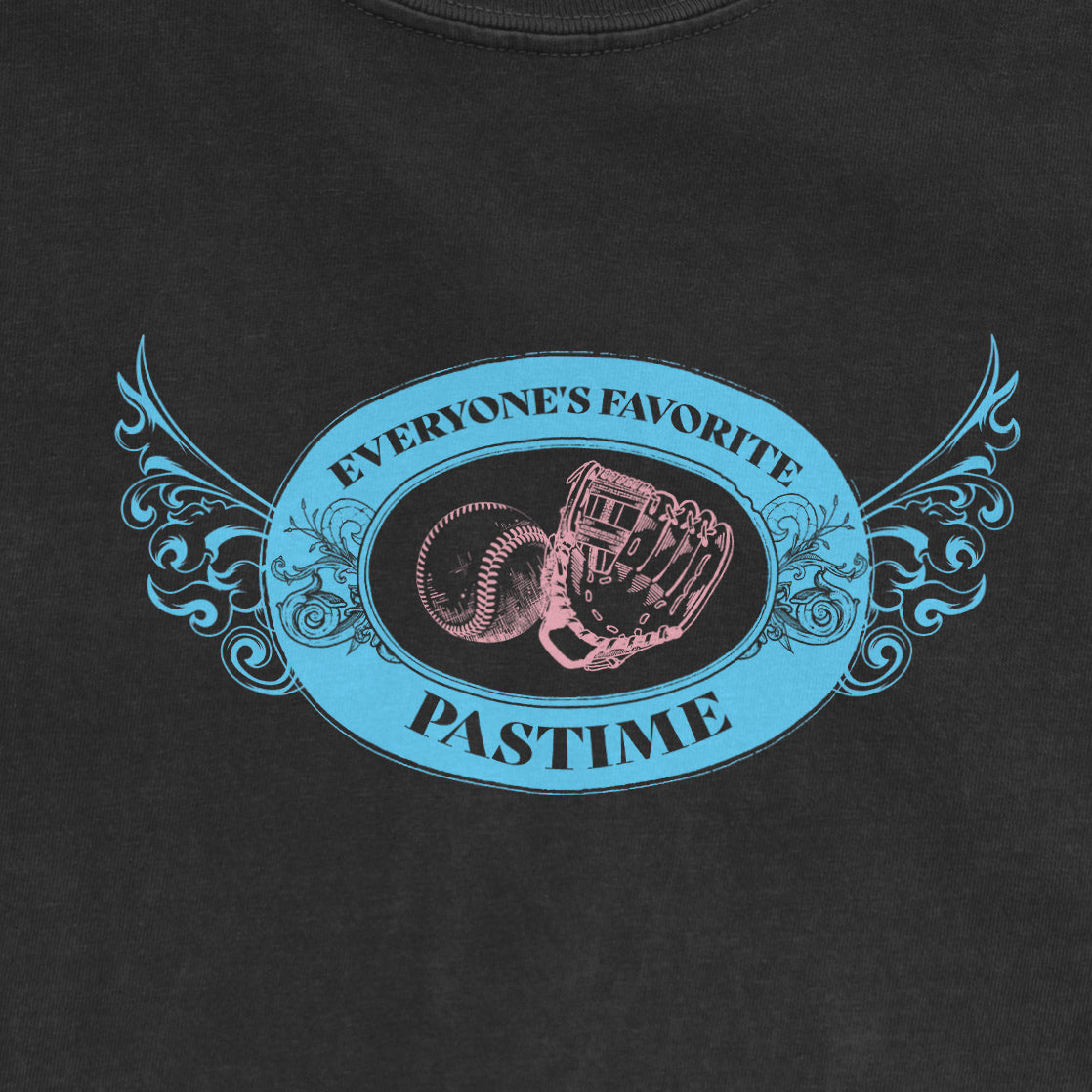 Black Comfort Colors T-shirt featuring a blue and pink graphic with the text "Everyone's Favorite Pastime" and a baseball glove and ball.