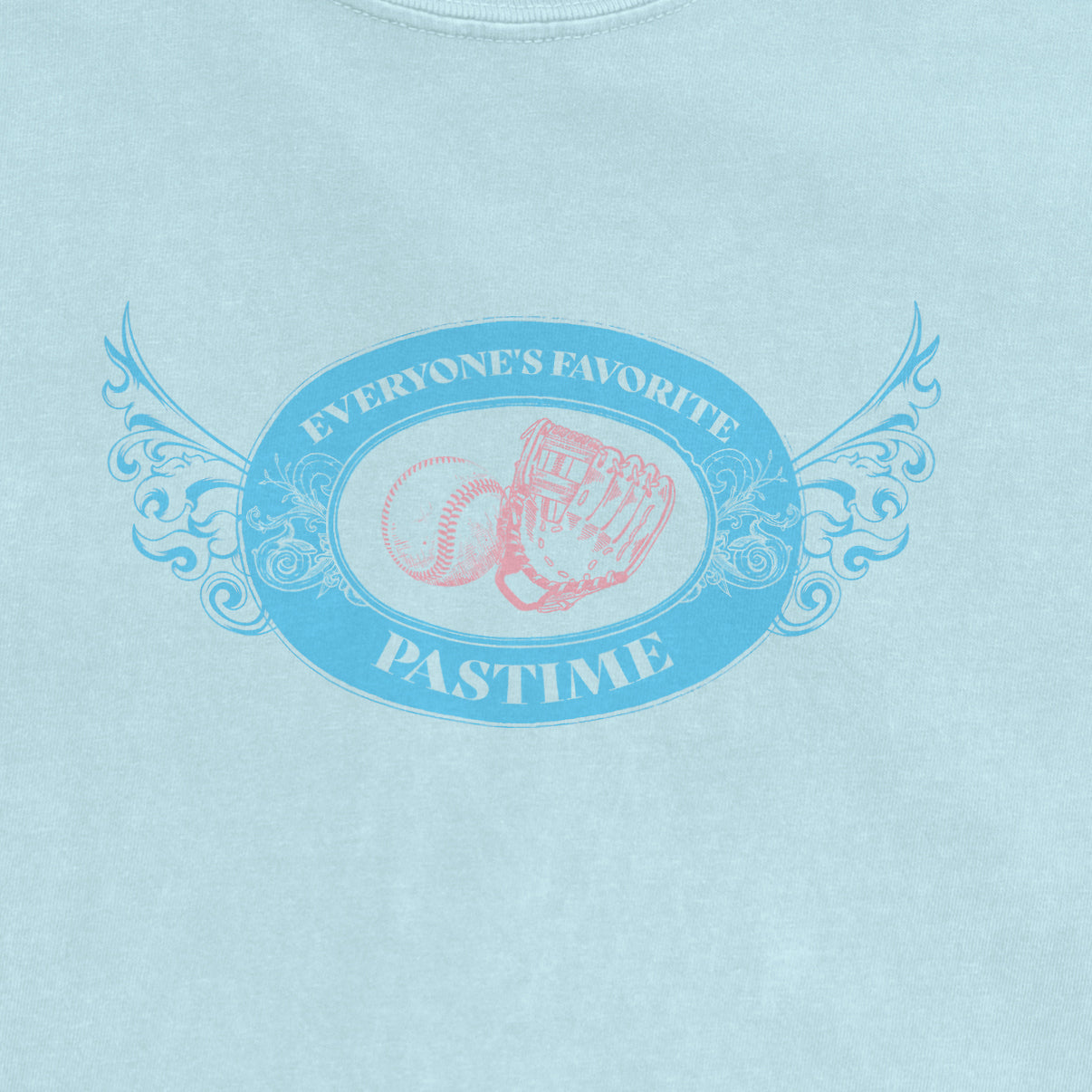 Light blue Comfort Colors T-shirt featuring a vintage-style baseball-themed graphic with the text "Everyone's Favorite Pastime.