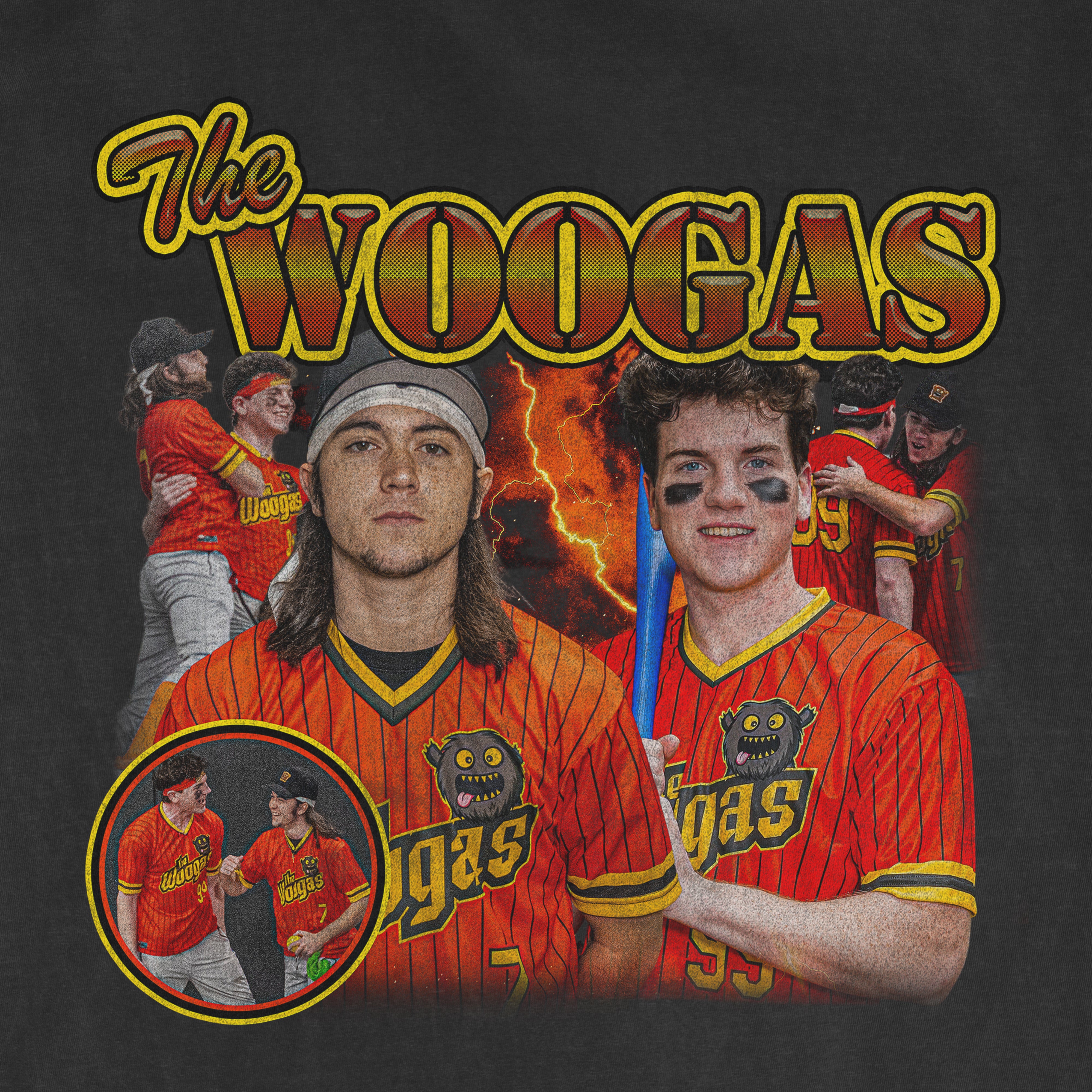 The Woogas 90's Team Shirt featuring two young men in red striped jerseys with a monster logo, surrounded by nostalgic 90s sports imagery.