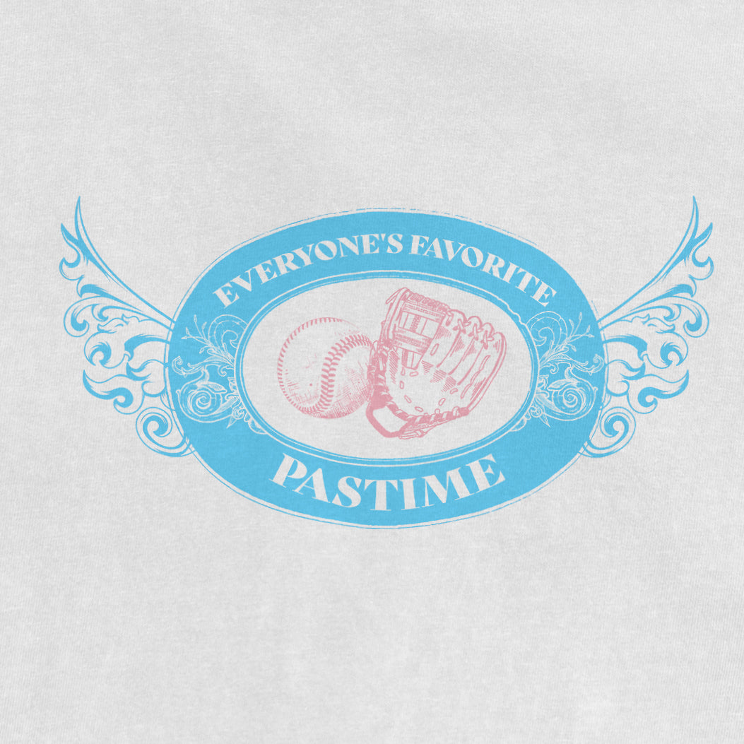 Light-colored Comfort Colors T-shirt featuring a blue and pink vintage-style baseball-themed graphic with the text "Everyone's Favorite Pastime.