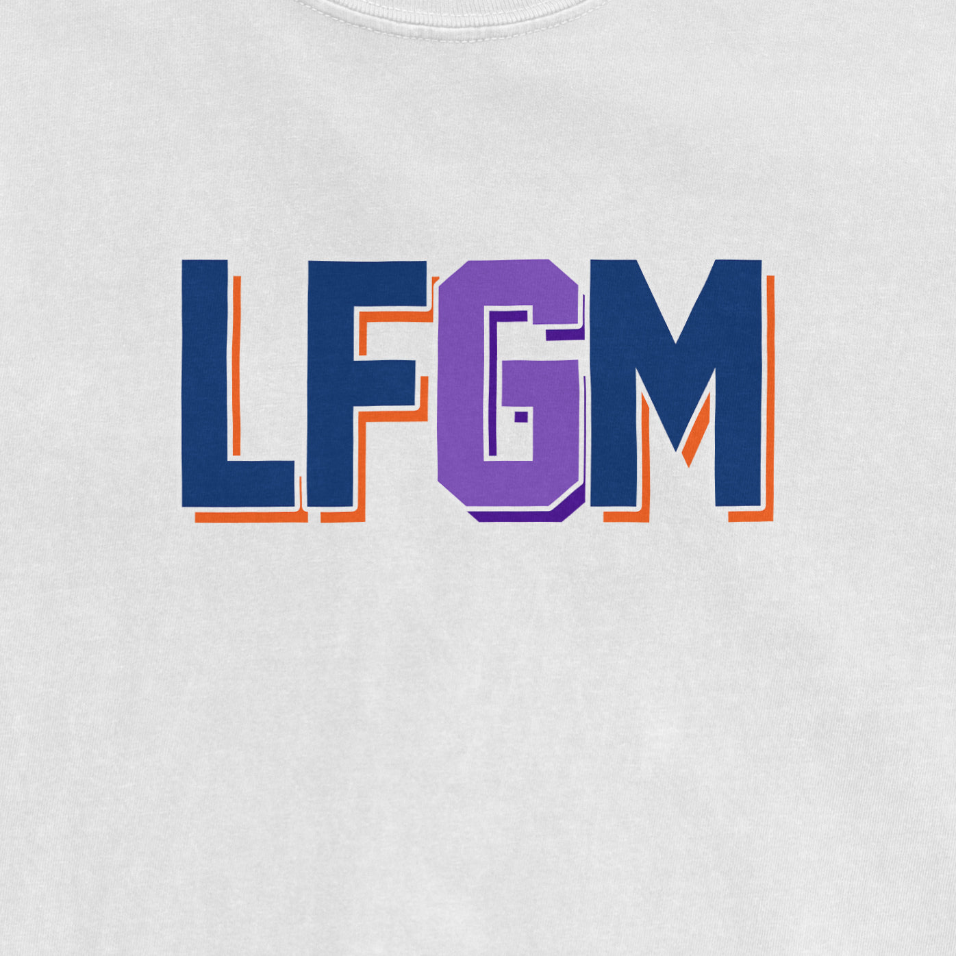 Comfort Colors tee featuring bold "LFGM" text in navy, purple, and orange outline on a light background.