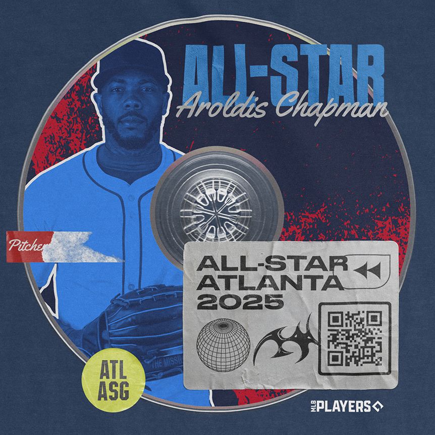 Aroldis Chapman All-Star 2025 graphic featuring a pitcher with a baseball background and event details.