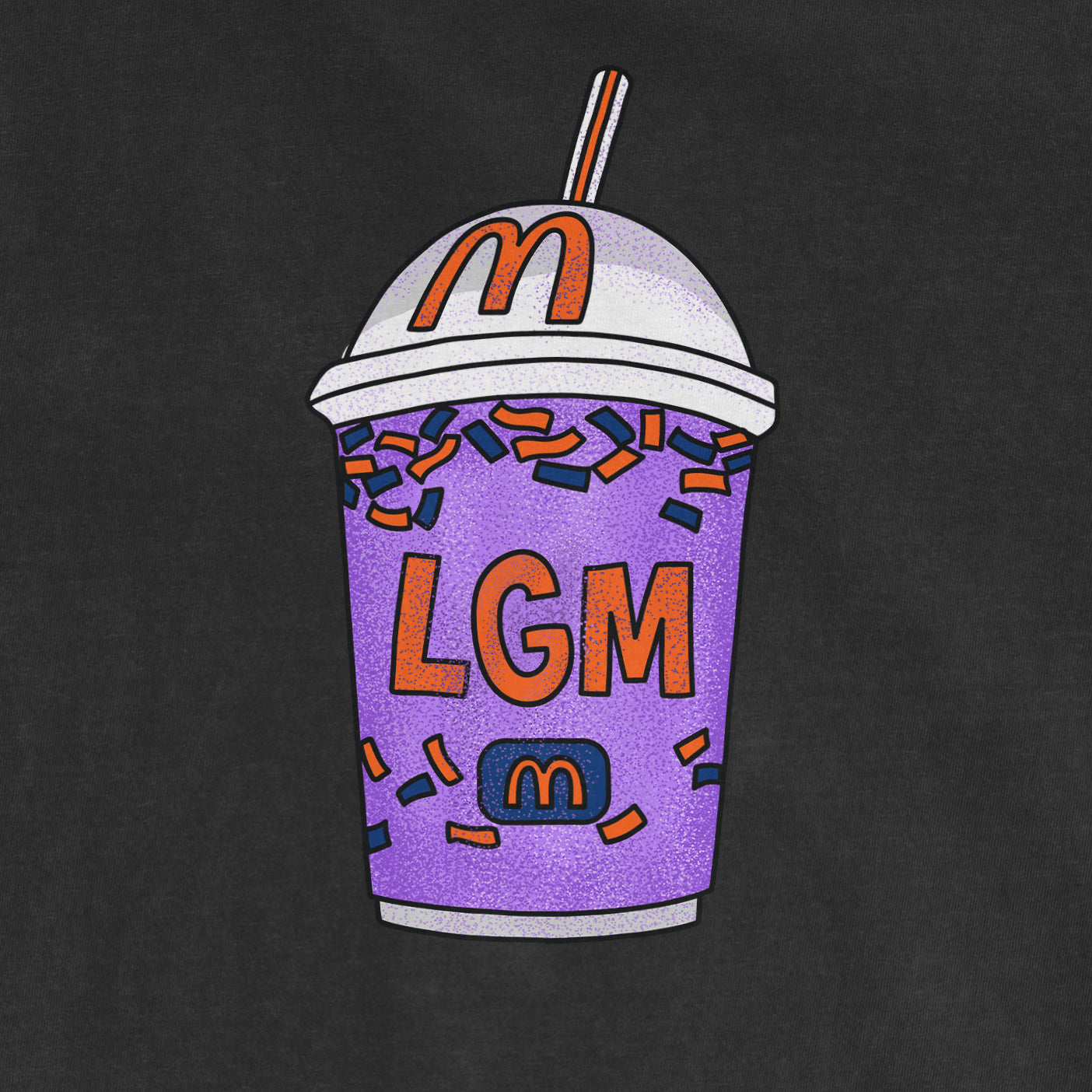 Illustration of a purple milkshake cup with colorful sprinkles, a white lid, a straw, and "LGM" text on the front.