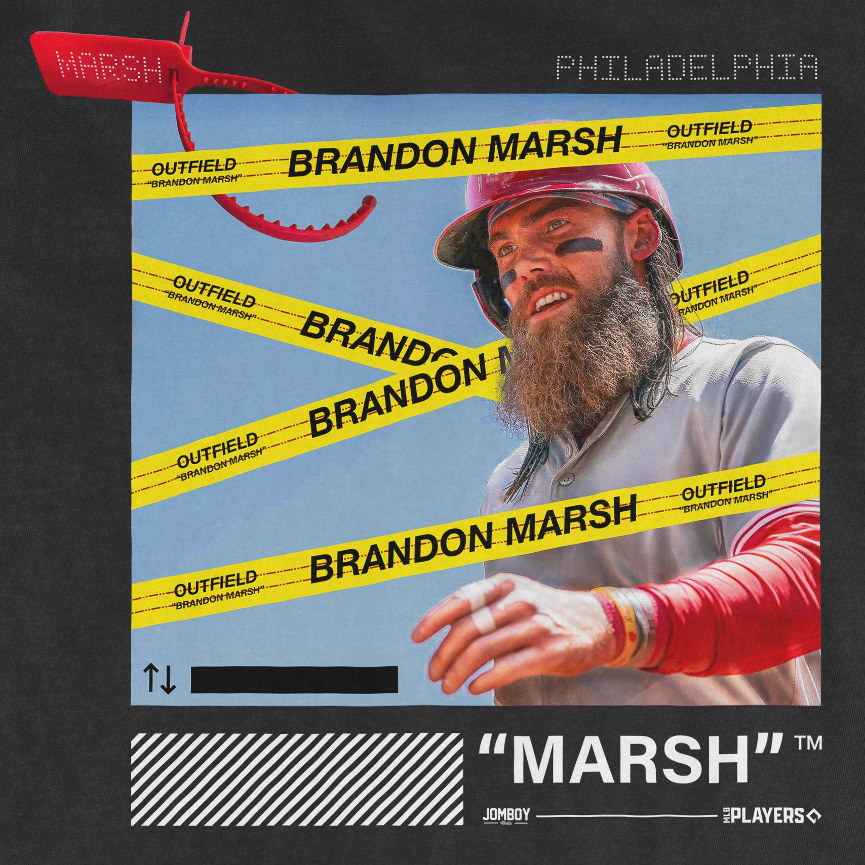 Off-white Comfort Colors tee featuring a graphic of a bearded man with "Brandon Marsh" and "Outfield" tape design.